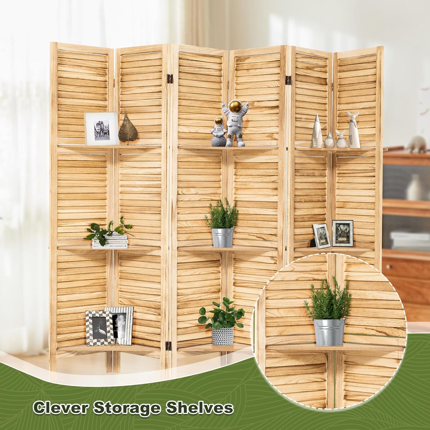 NicBex 6 Panel Room Divider,5.6FT Wood Carved Room Dividers with Display Shelves Folding Privacy Screens Portable Freestanding Partition Wall Dividers for Room Separation, Bedroom Office,Natural Wood