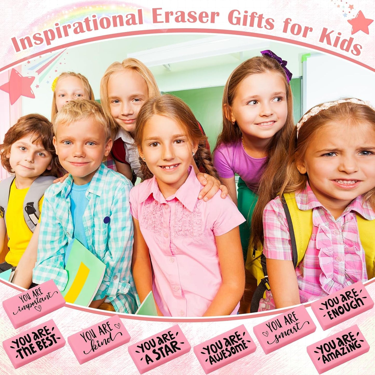 PerKoop 50 Pcs Pcs Inspirational Pink Erasers Bulk Small Motivational Block Pencil Erasers Back to School Gifts for Classroom Students Teachers Office Stationery Supplies