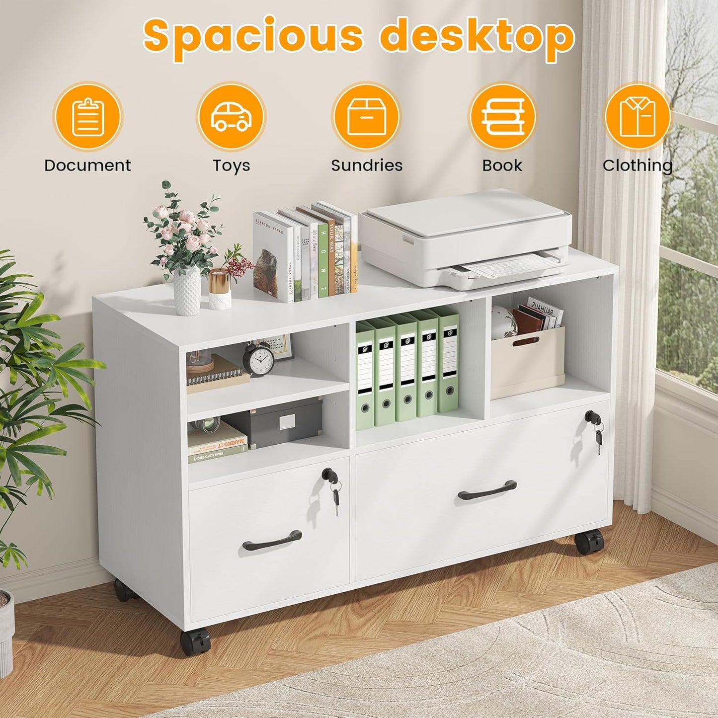 2 Drawer Wood Mobile Large Lateral File Cabinet with Lock, Lockable Rolling Filing Cabinet with Storage Shelves, Printer Stand Office Storage for Home Office Fits Files Legal/A4,White