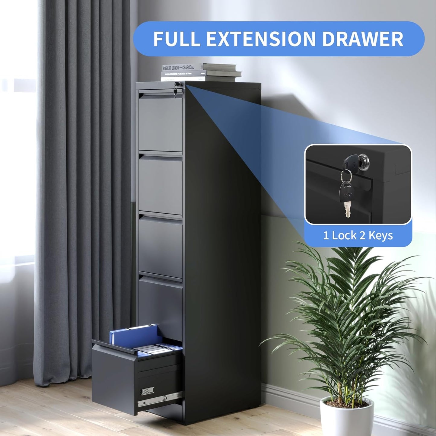 5 Drawer File Cabinet with Lock, Vertical Filing Cabinets for Home Office, Locking File Cabinet Hanging Files for A4/ Legal/Letter, Require Assembly, Black