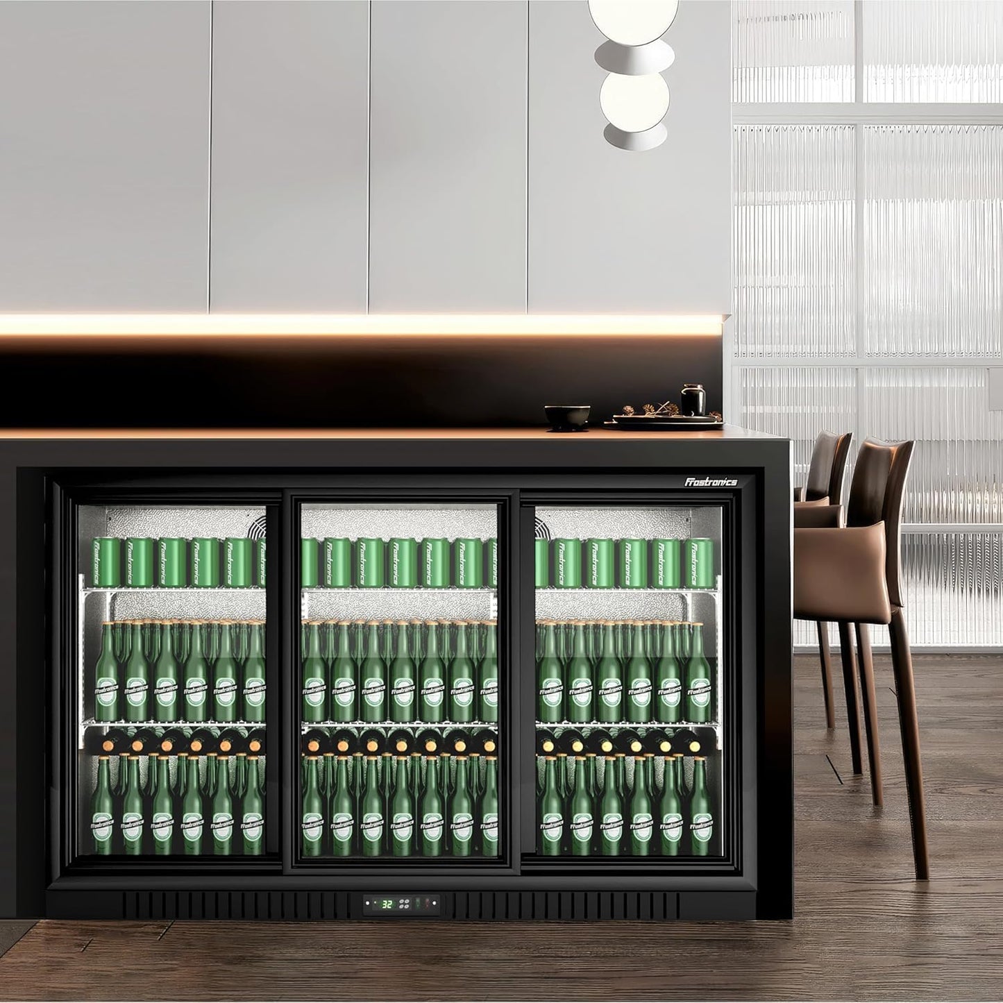 54 in. 335 cans Triple Sliding Door Back Bar Beverage Cooler, 10.8 cu. ft. Under Counter Glass Door Bar Fridge, lockable, 32-50°F Display Refrigerator, ETL & NSF7 Certified