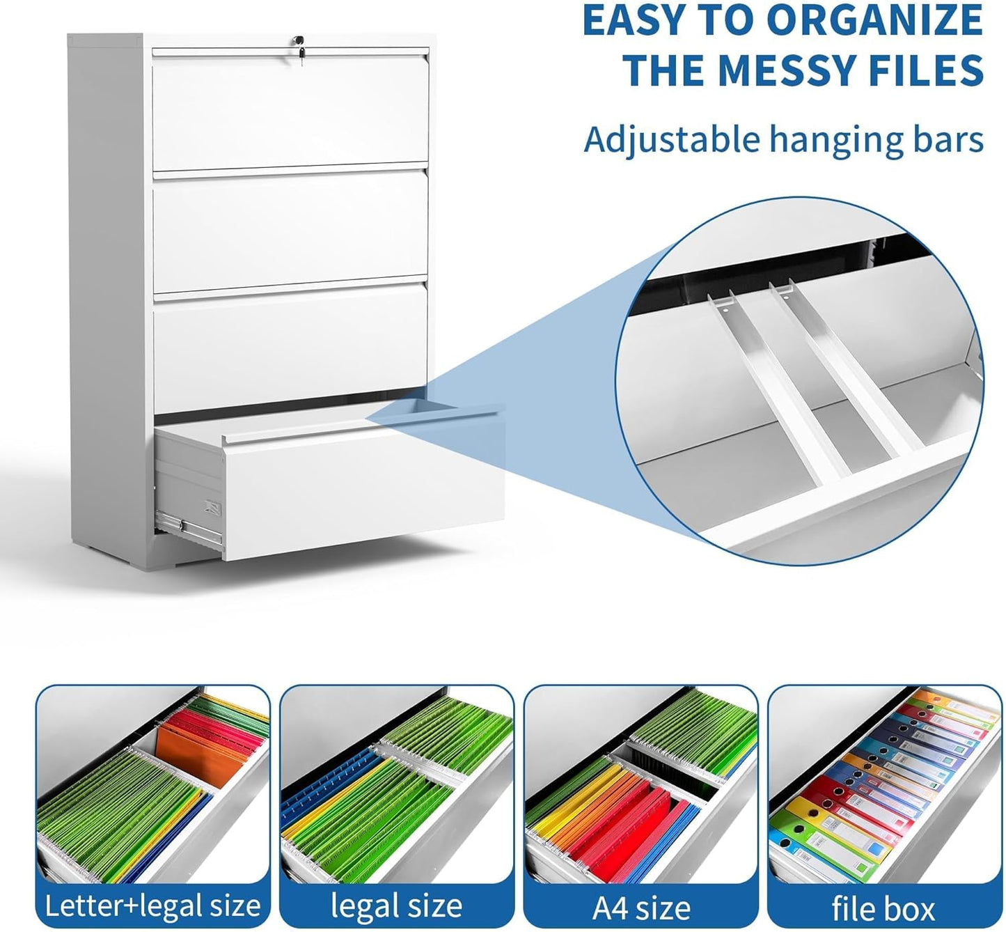 Lateral File Cabinet 4 Drawer, Metal File Cabinets for Home Office Legal/Letter A4 Size, File Cabinet with 4 Lock, Require Assembly, White