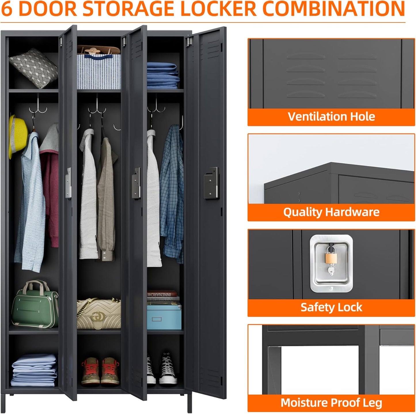 Metal Storage Locker with 3 Doors,Metal Locker for Employees with 9 Hooks for School Garage Office Gym Home,Assembly Required,Dark Grey