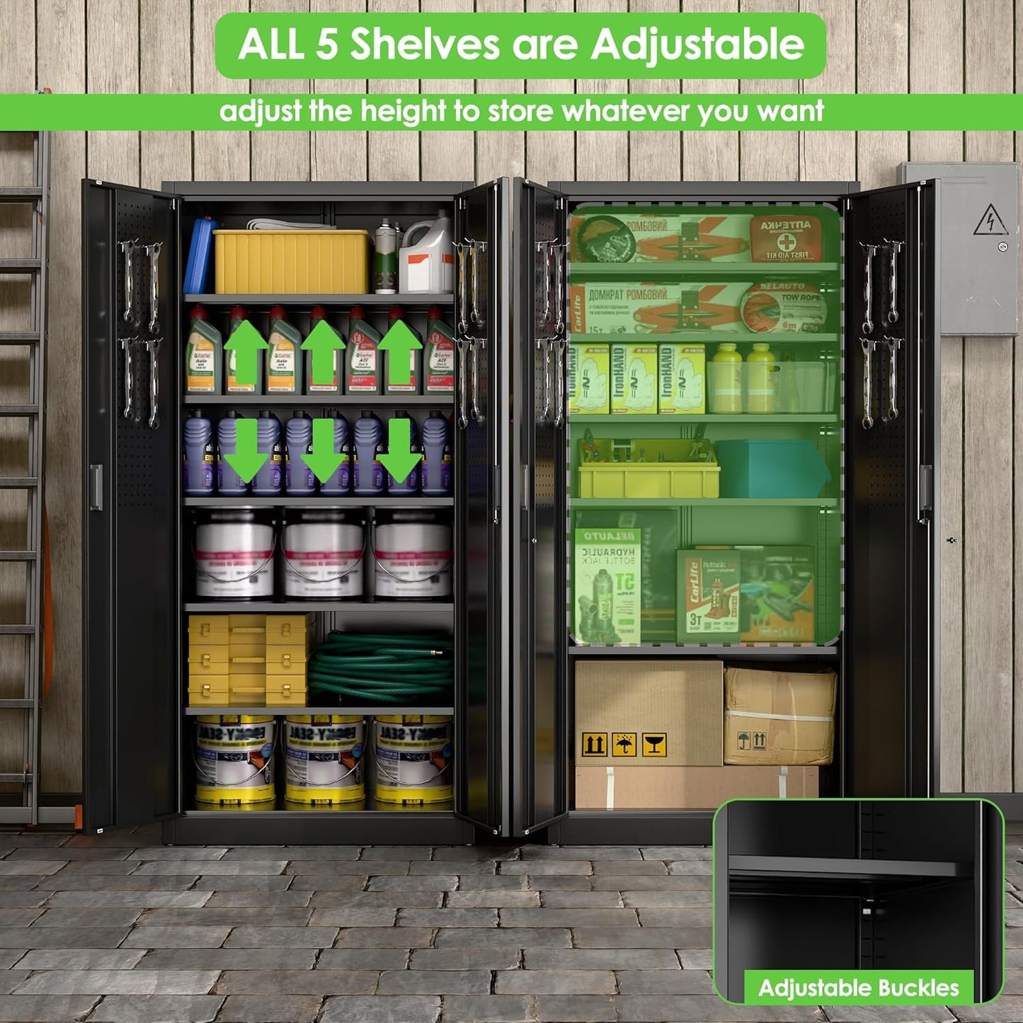 Aobabo Upgraded 71" H×34" W×18" D Metal Garage Storage Cabinet with Pegboards, Lockable Steel Cabinet with 5 Adjustable Shelves and 4 Hooks for Garage, Home, Office, Black,Assembly Required