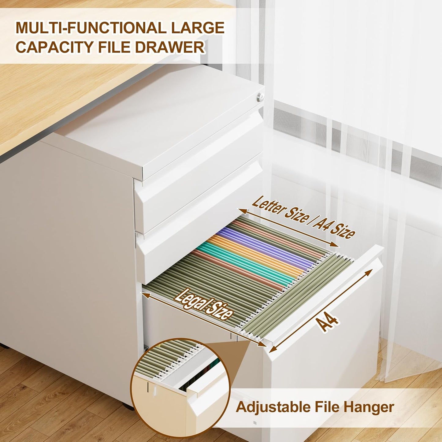 Metal Mobile File Cabinet with Lock and 4 Keys - Fully Assembled, Under Office Desk 3 Drawers Filing Cabinet for Home Office with Anti-tilt Wheels, A4/Legal/Letter Hanging File Drawers