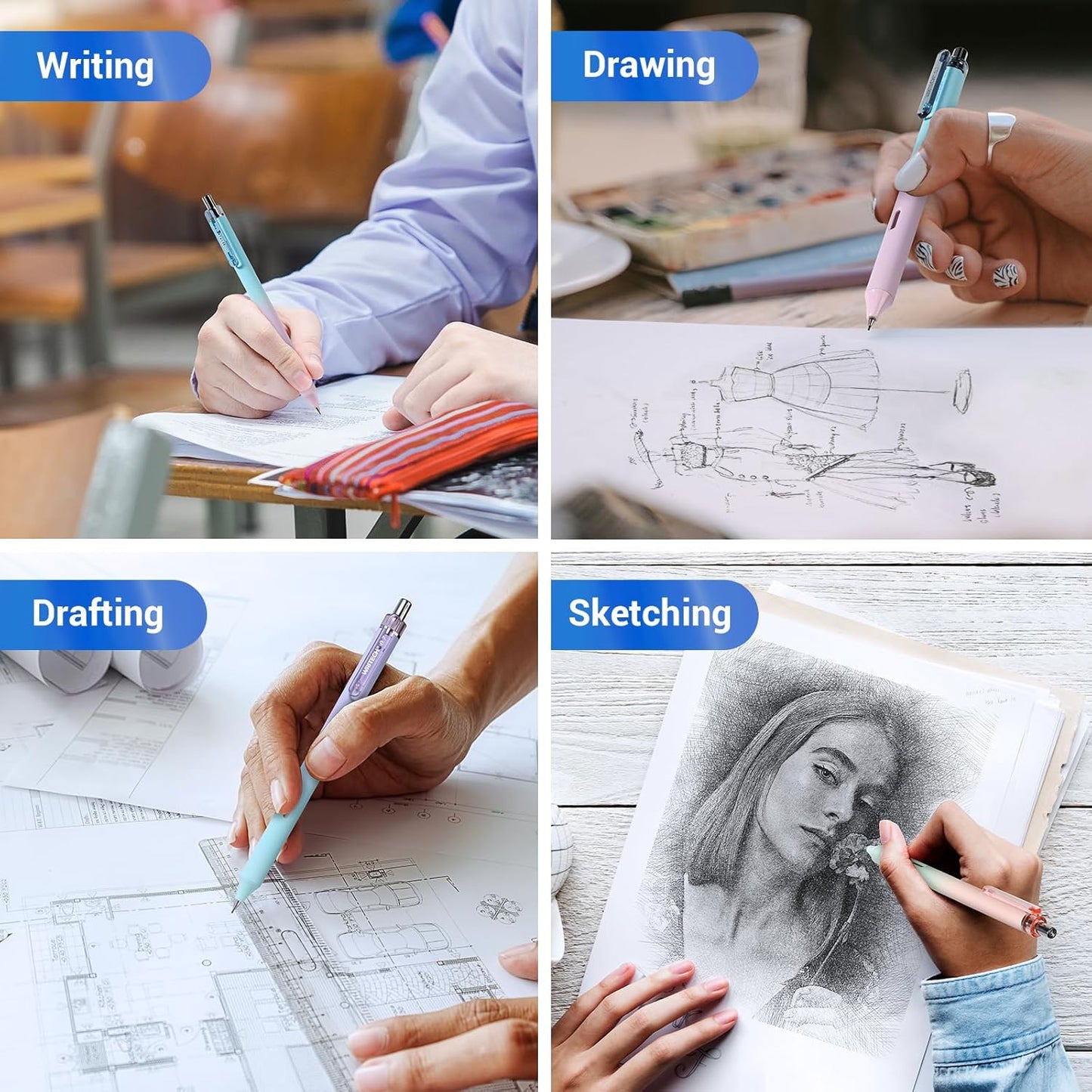 WRITECH Up Mechanical Pencil Set: 6ct Gradient Barrel 0.7mm Mechanical Pencils with 4 Tubes of HB Lead Refills and 2 Extra Erasers for Writing Drawing Sketching Drafting