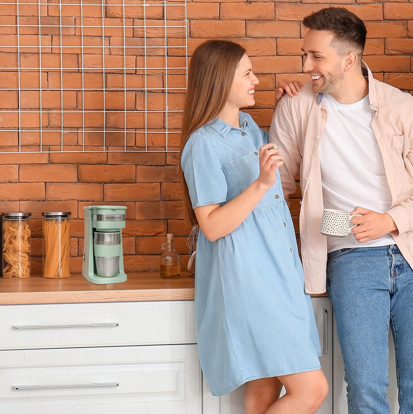 Mixpresso Green Personal Single Serve Coffee Maker with 14oz Travel Mug, Drip Small Coffee Maker with Auto Shut Off, Reusable Filter, Works with Ground Coffee Only – Not for K-Cup Pods