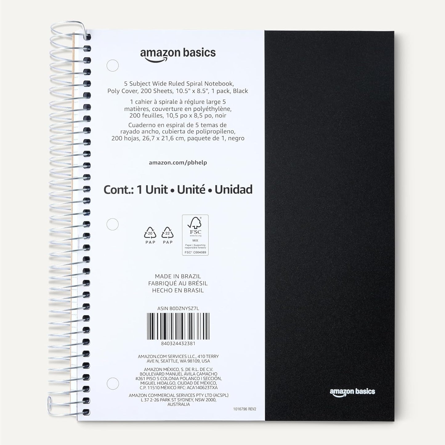 Amazon Basics 5 Subject Wide Ruled Spiral Notebook, Poly Cover, 200 Sheets, 8.5" x 10-1/2", Black, 1 pack