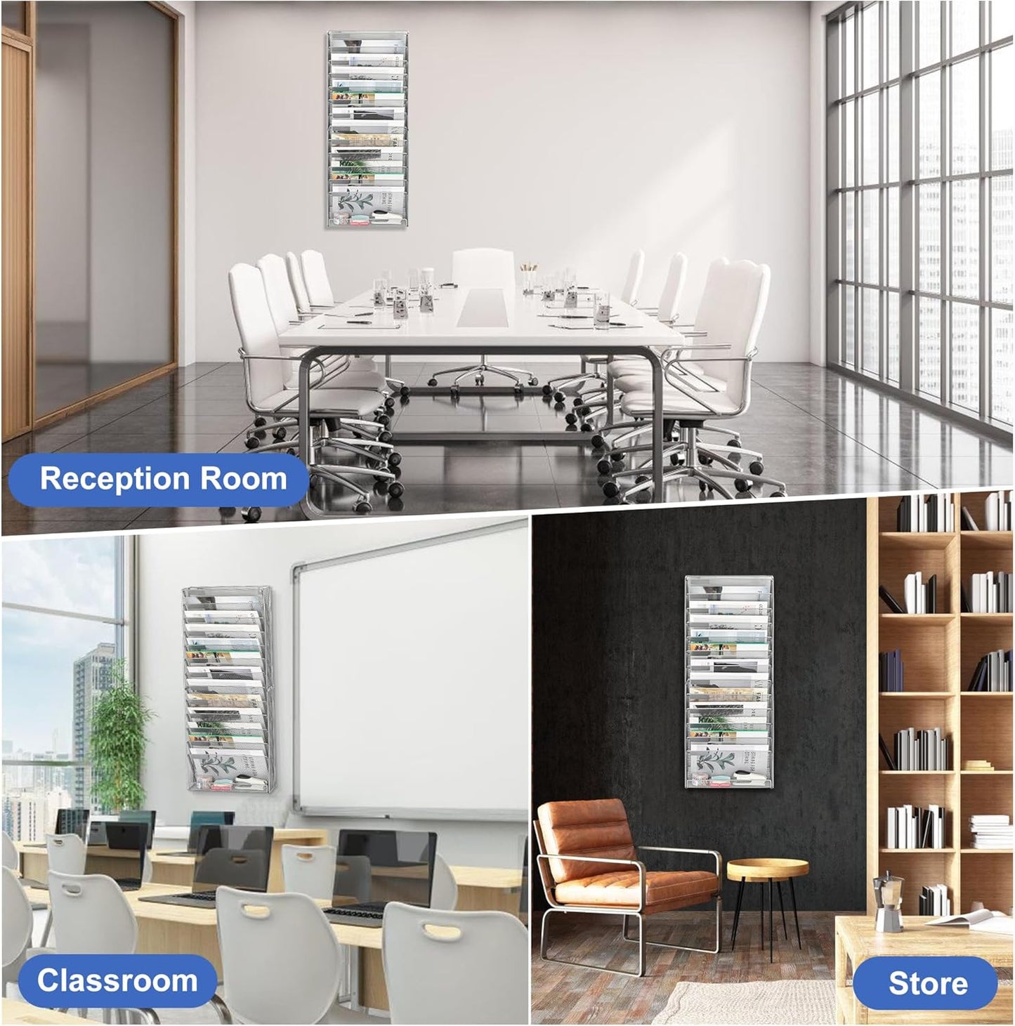 EasyPAG 14 Tier Wall File Holder with Flat Tray, Silver | Easy Assemble Mesh Desk File Organizer | 13-Folder Paper Storage | Replaceable Classify Labels | Space Saving Mail Organizer for Office Home