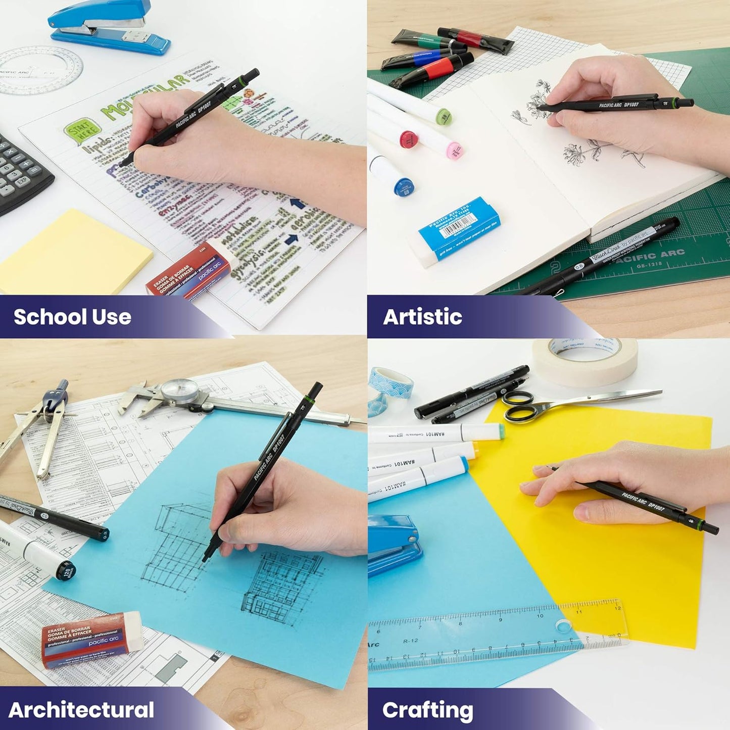 Pacific Arc Chromagraph Metal Mechanical Pencil .7 mm Black Barrel Mechanical Pencil with Built In Lead Pencil Grade Indicator, Lead Pencil Holder for Drafting, Sketching, and Drawing