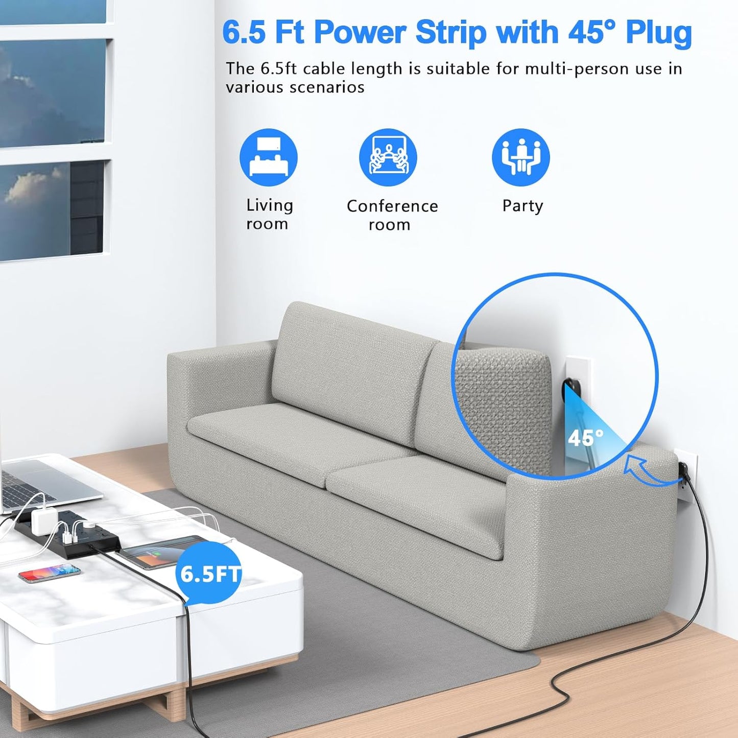 22 Outlets & 6 USB Big Power Strip, Jcblaon Surge Protector with 3USB C & 3USB A Charging Ports, 6.5ft Flat Plug Heavy Duty Extension Cord(1875W/15A),2100J, 14AWG,Wall Mountable for Garden,Shed, Black