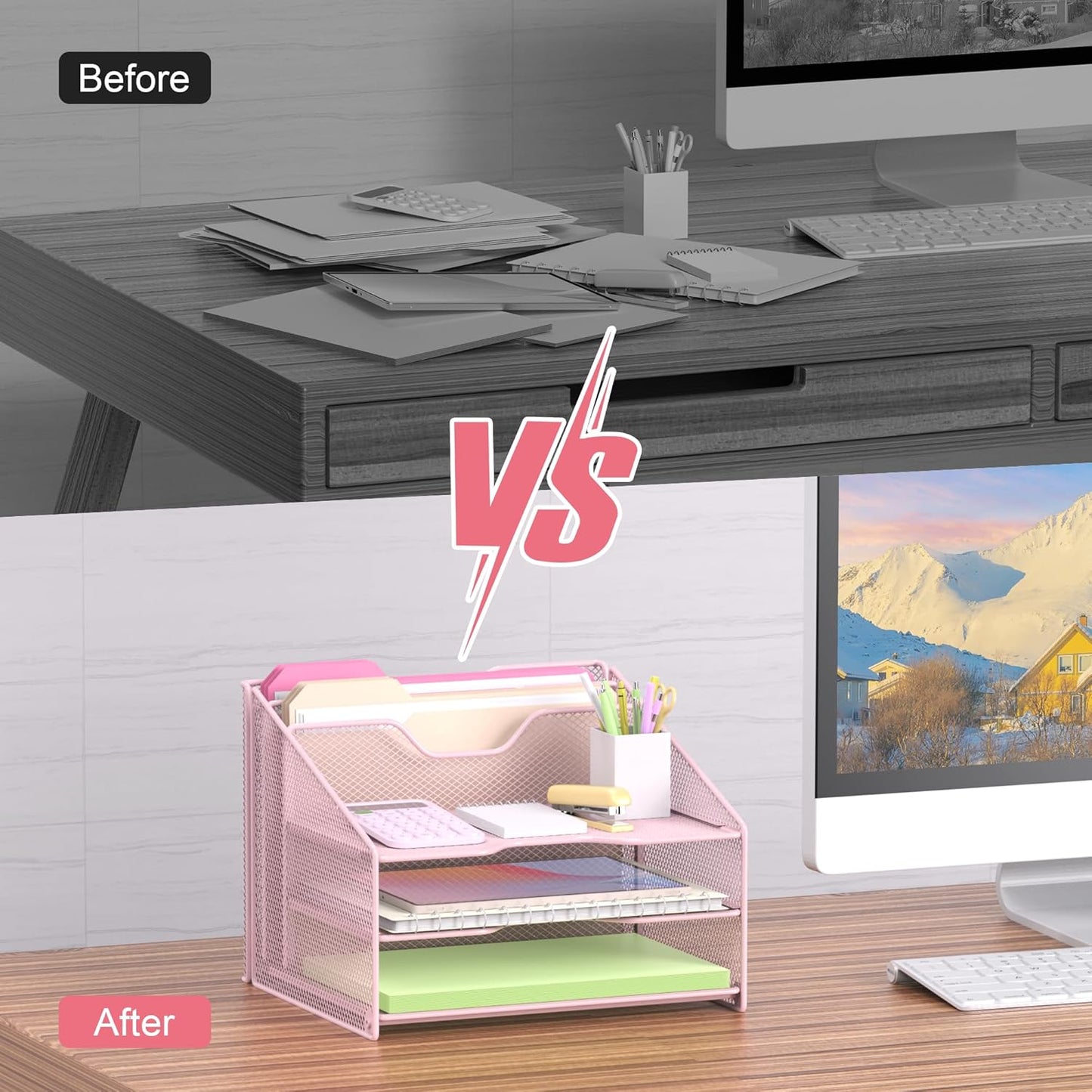 samstar Pink Desk File Organizer, Mesh Letter File Folder Holder with 3 Paper Trays and 2 Vertical Upright Section, for Office Supplies, Desk Accessories & Workspace, Pink