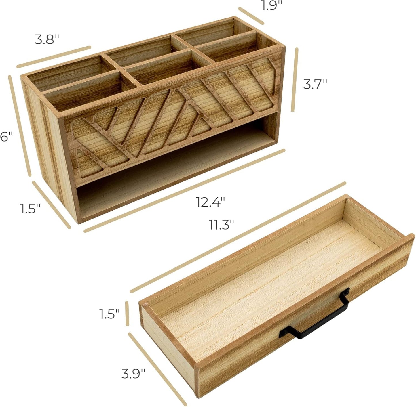 BLU MONACO Natural Wood Desktop Pen Organizer with Drawer - Stylish and Versatile Pen Holder and Stationery Organizer for Office and Art Supplies. 6 Convenient Storage Compartments and Drawer