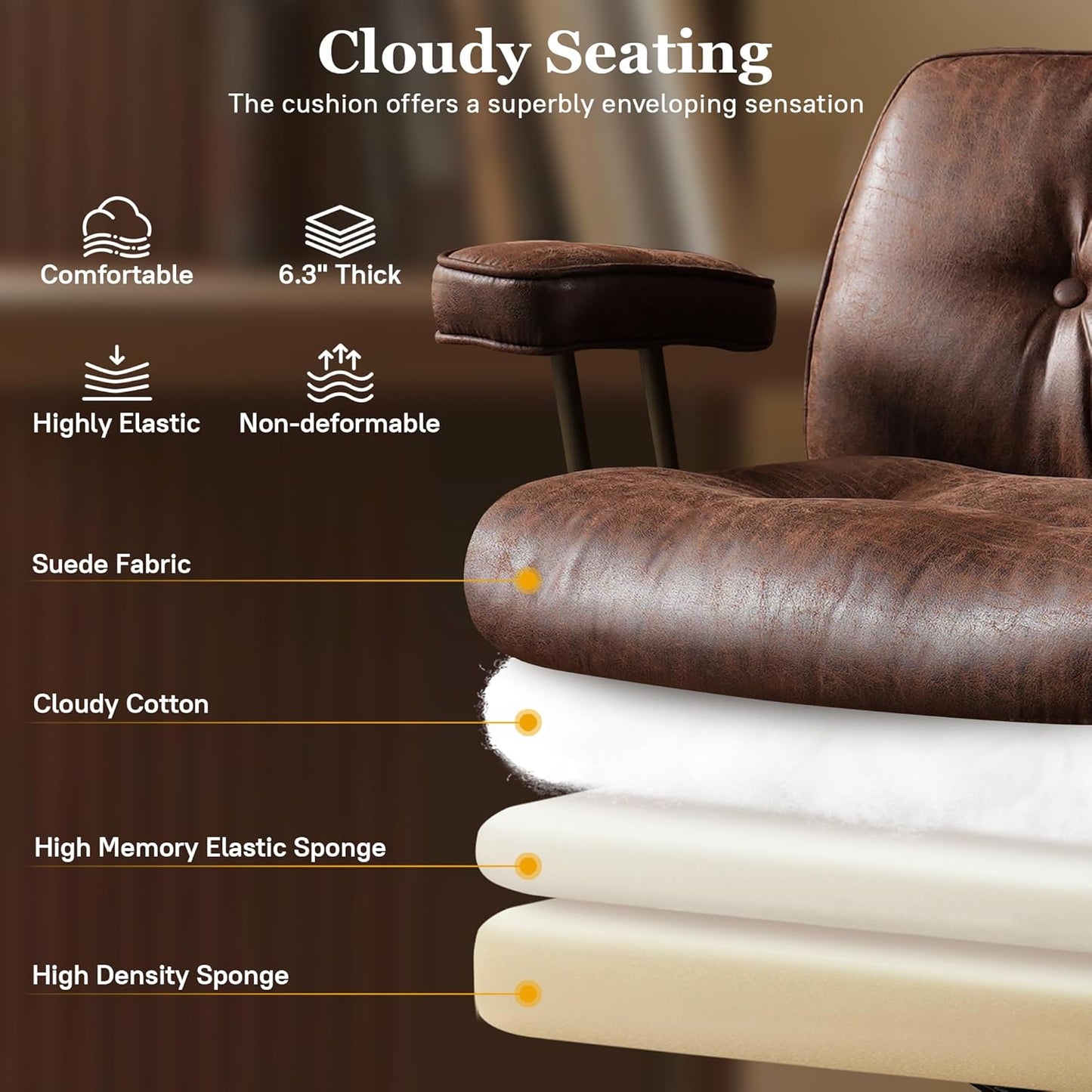 Mid Century Modren Large Office Chair, Big and Tall Ergonomic Executive Chair for Heavy Duty People, Computer Desk Task Chair with Wheels, Faux Lether Fabric Wide Chair for Home Sturdy,Dark Brown