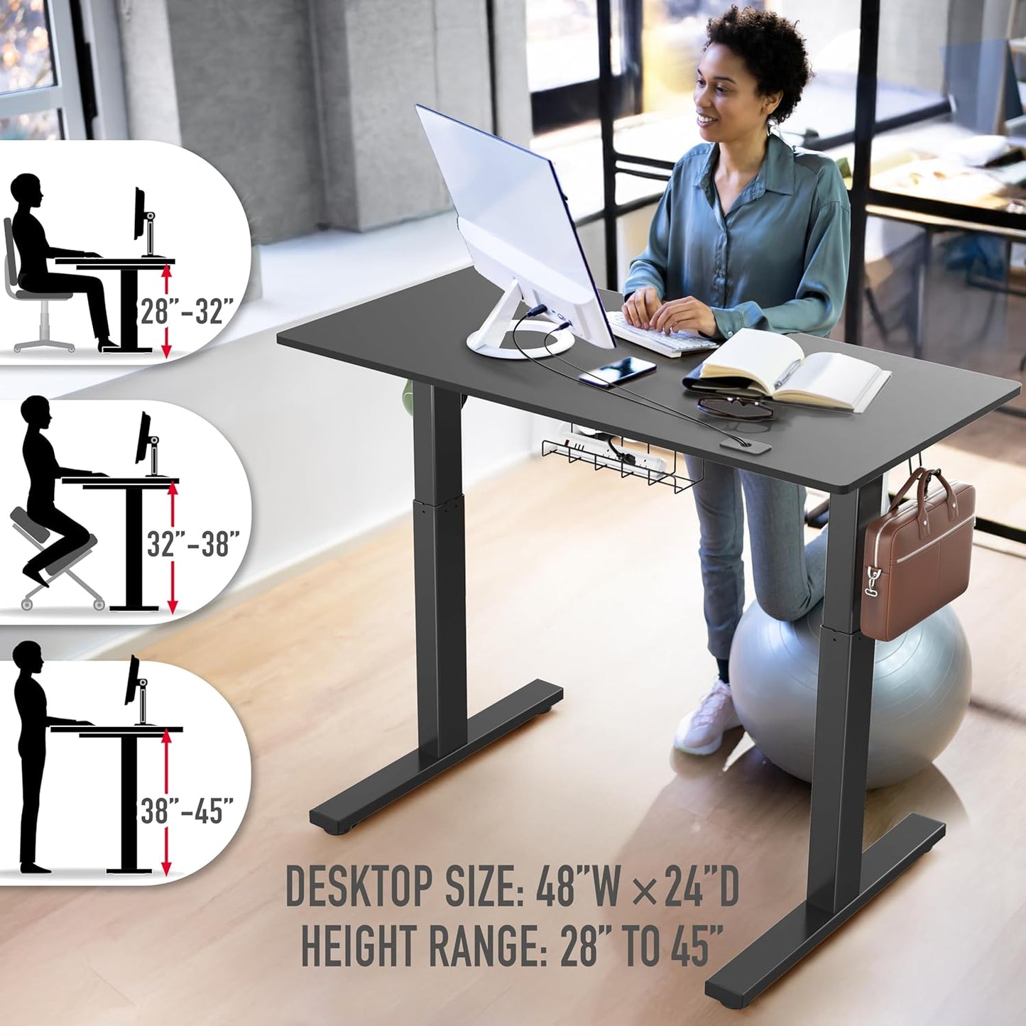 SHW 48-Inch Electric Height Adjustable Standing Desk with Drawer, Memory Preset and Cable Management Tray, Black