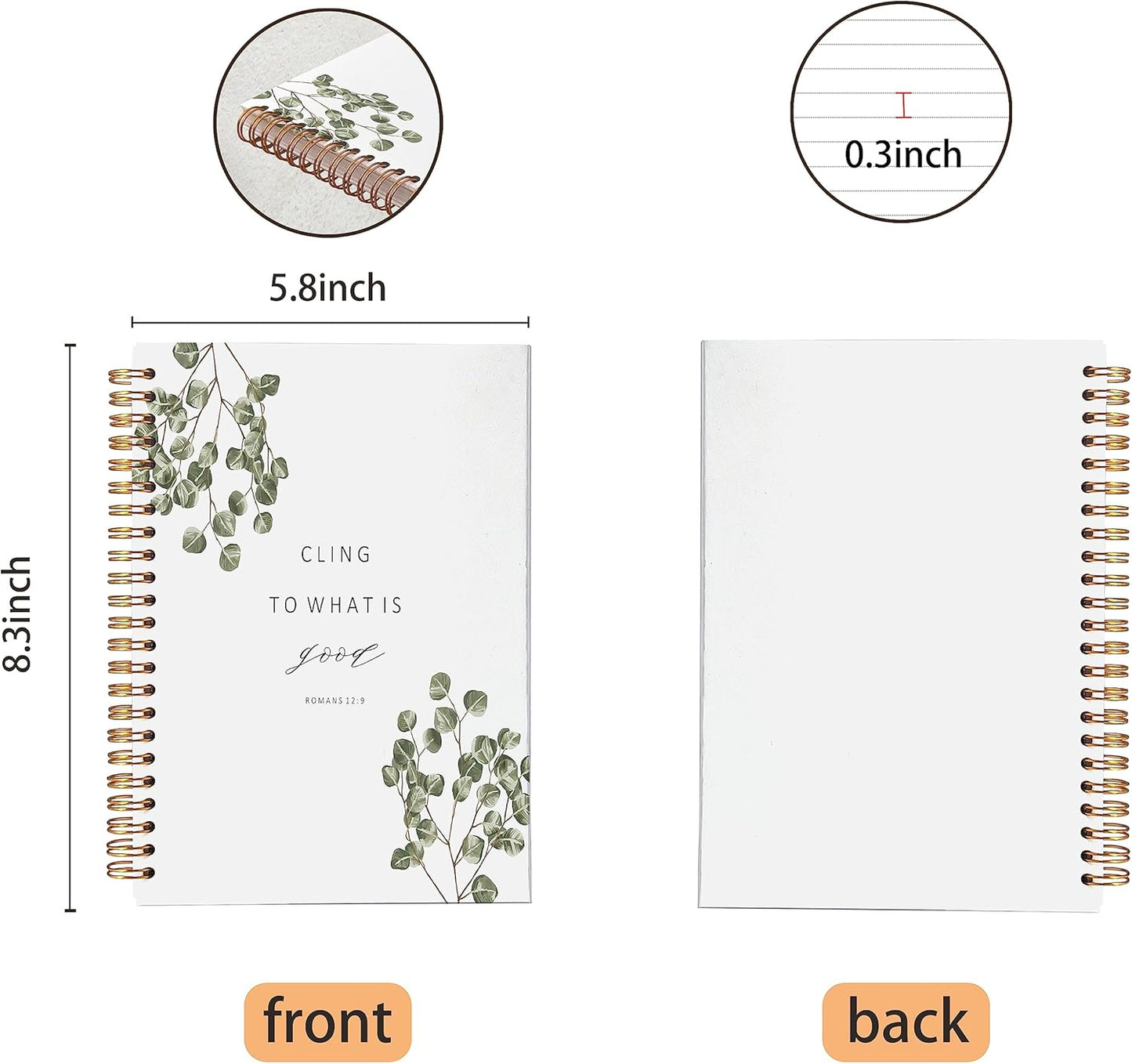VNWEK Bible Scripture Romans 12:9 Cling to What is Good Motivational Eucalyptus Leaf Spiral Notebook Journal 5.5 x 8.3 inches,Christian Lined Hardcover Spiral Notebook,Christian Gifts