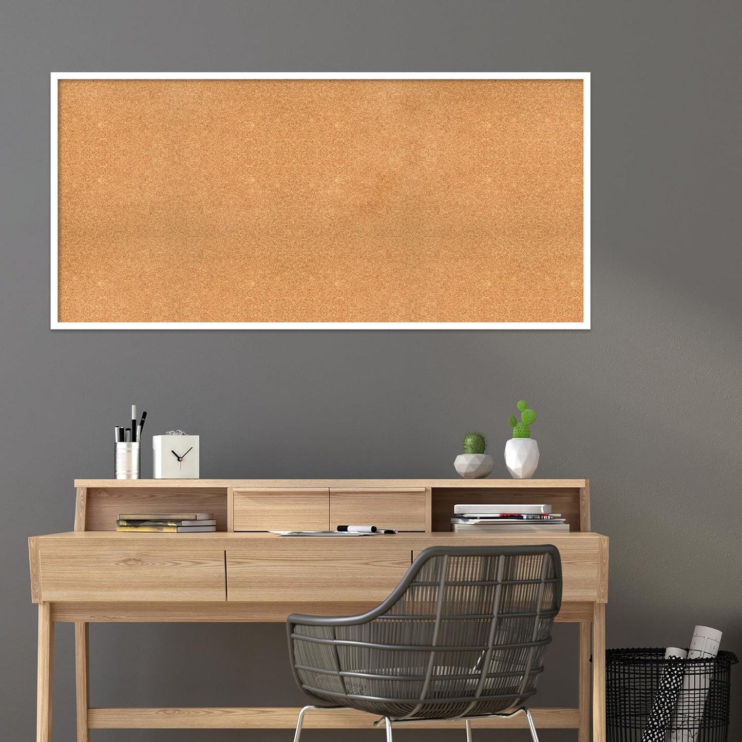 Amanti Art Natural Cork Board for Wall, 29x61 Vision Board with White Frame, Oversize Corkboard Office Decor for Home Organization, Modern Corkboard Pinboard to Display Items for Home Organization in
