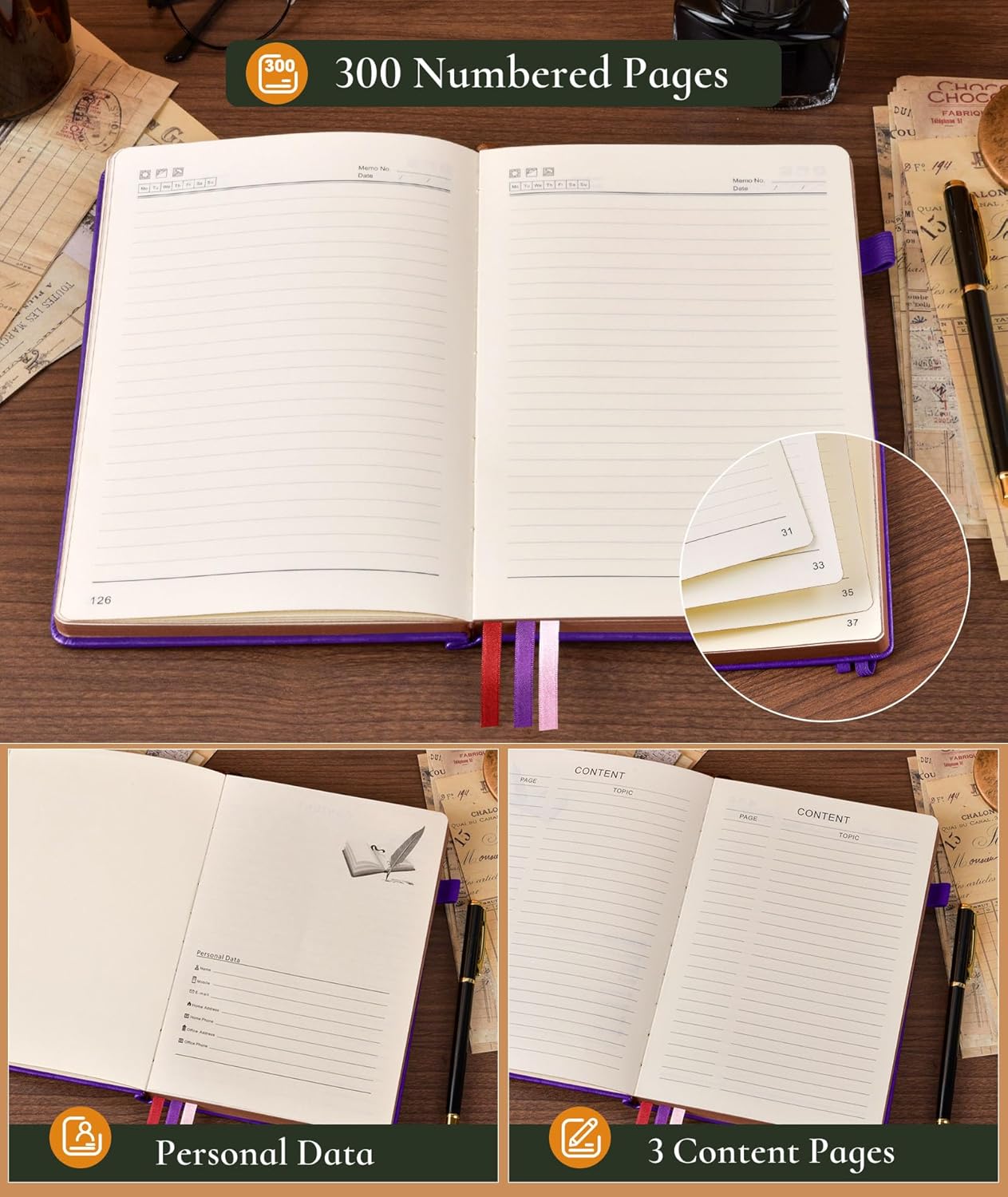 Vintage Leather Journal with 300 Numbered Pages,A4 Lined Journal for Men Women,Daily Journals for Writing,College Ruled Notebook for Work,School,Note taking,Travel Diary,Large (8.5" X 11.3")