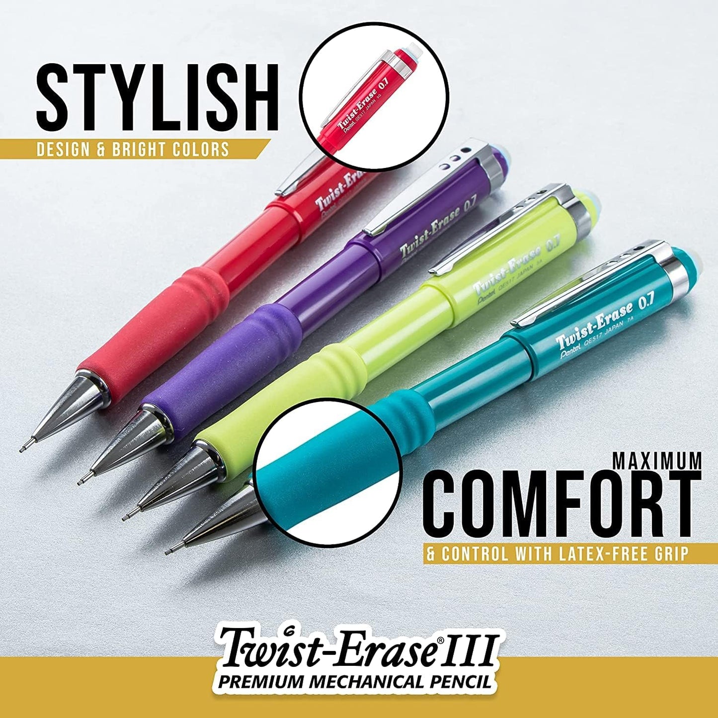Pentel Mechanical Pencil 0.5 mm Twist Erase III, Twist Up Eraser, Pre-Loaded Super Hi-Polymer HB Lead, Black Barrel, 3-Pack