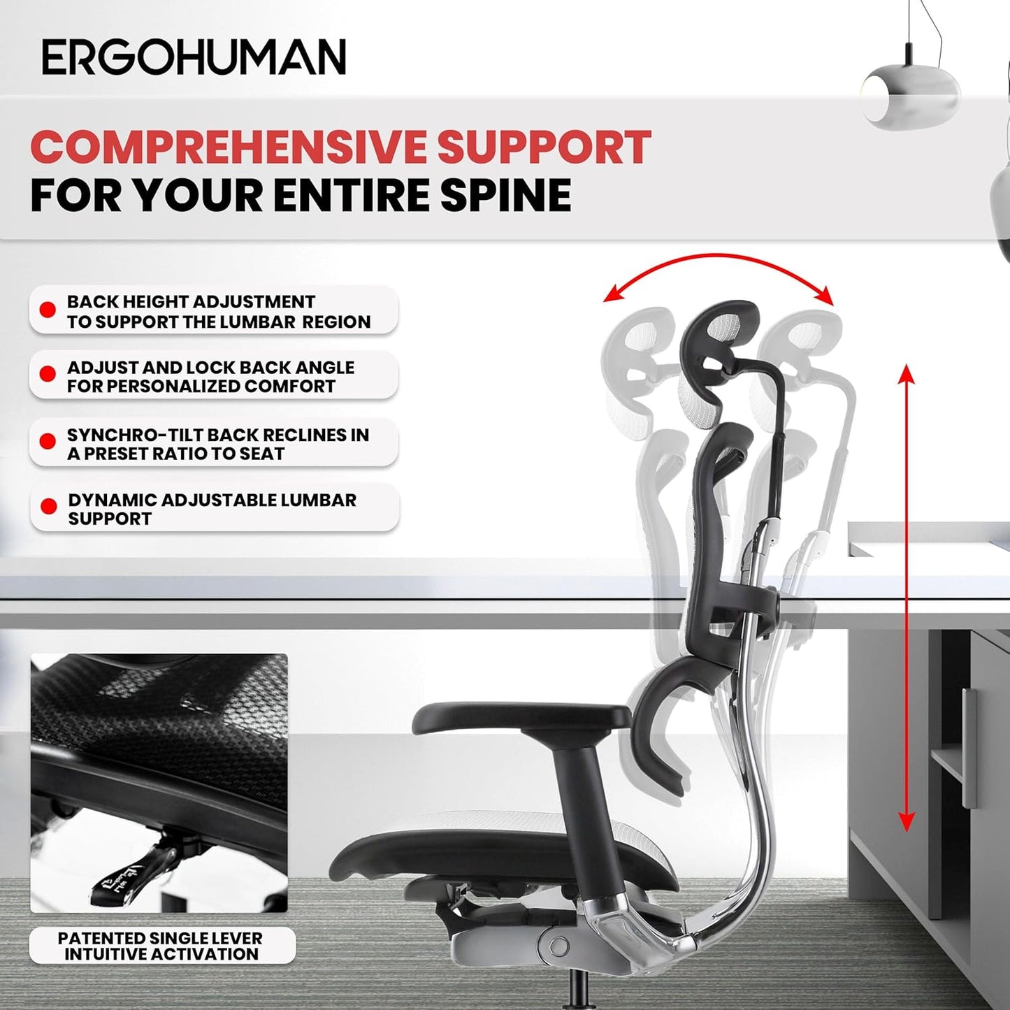 Ergohuman Eurotech ME7ERG GEN2 High Back Mesh Office Chair with Tilt Tension Control, Tilt Lock, Back Angle, Back Height, Synchro Tilt, Seat Height, Seat Depth, and Arm Height Adjustments, Grey