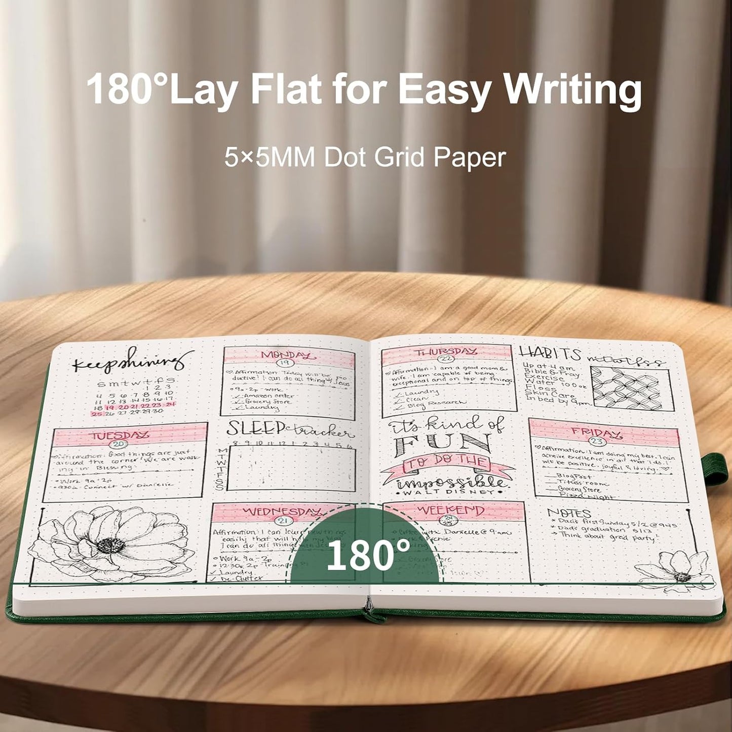 AHGXG Bullet Dotted Journal - 150 GSM Dot Grid Notebook Journal, Thick Acid-Free Paper, A5 Dotted Notebook 128 Pages, Leather Hardcover, Inner Pocket, Journal Stencil, 5.7'' × 8.3'' - Green