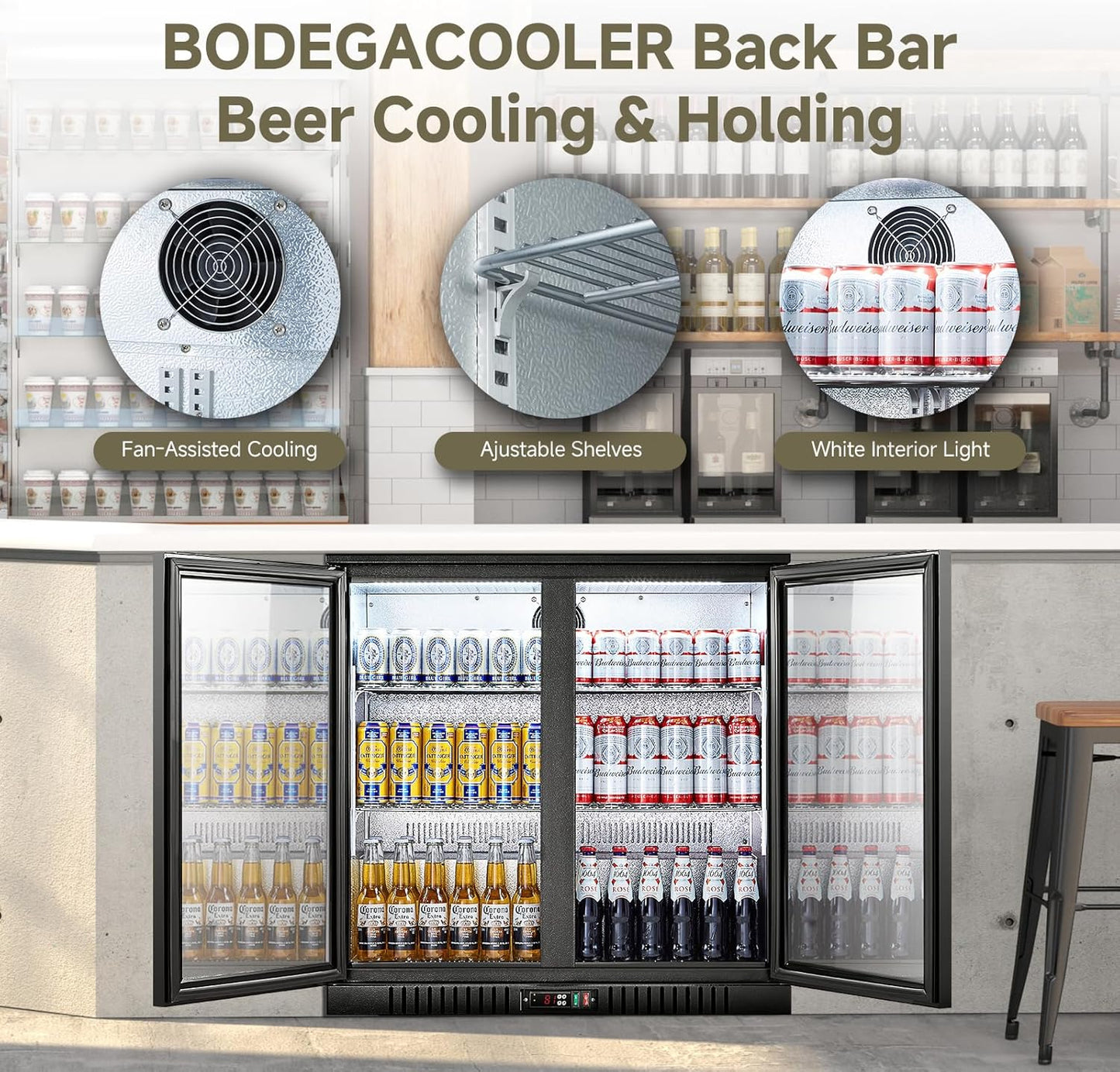 BODEGACOOLER Back Bar Cooler With 2 Glass Doors,Commercial Bar Cooler Under Counter7.4Cu.Ft,Back Bar Fridge, Beverage Bar Refrigerator with LED Lighting for Display Beverage,for Beer,Soda Drinks,Wine