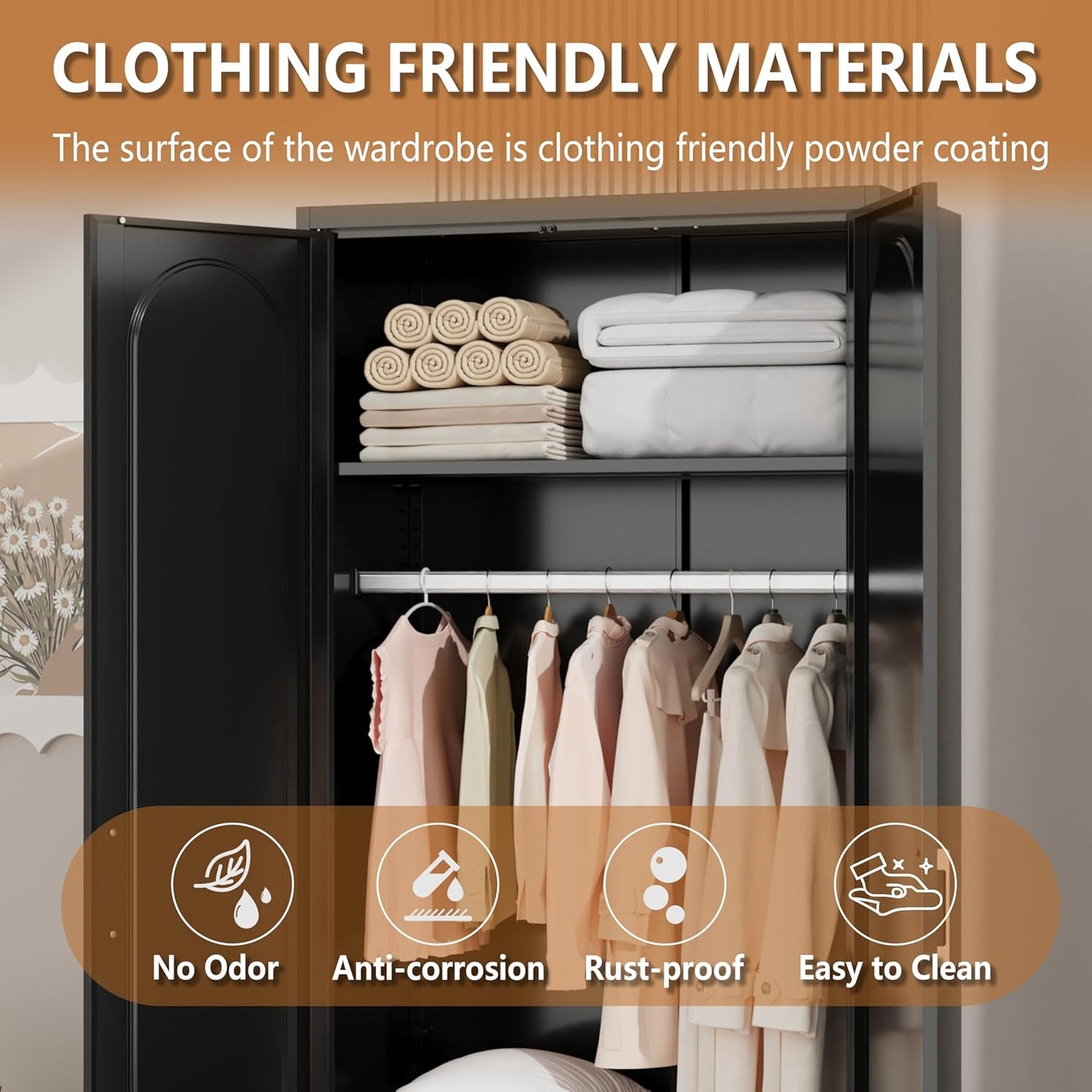 Metal Armoire Wardrobe Closet with Drawer, 71“ Tall Freestanding Wardrobe Cabinet with Doors and Shelves, Large Armoire with Hanging Rod, Clothes Cabinets for Bedroom, Black, Assembly Required