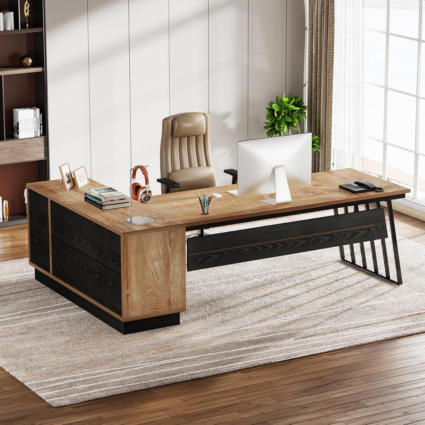 Tribesigns 71-Inch Executive Desk, L-Shaped Desk with Cabinet, Large Office Desk with Drawers and Storage Shelves, Writing Table Computer Desk for Home Office, Oak and Black