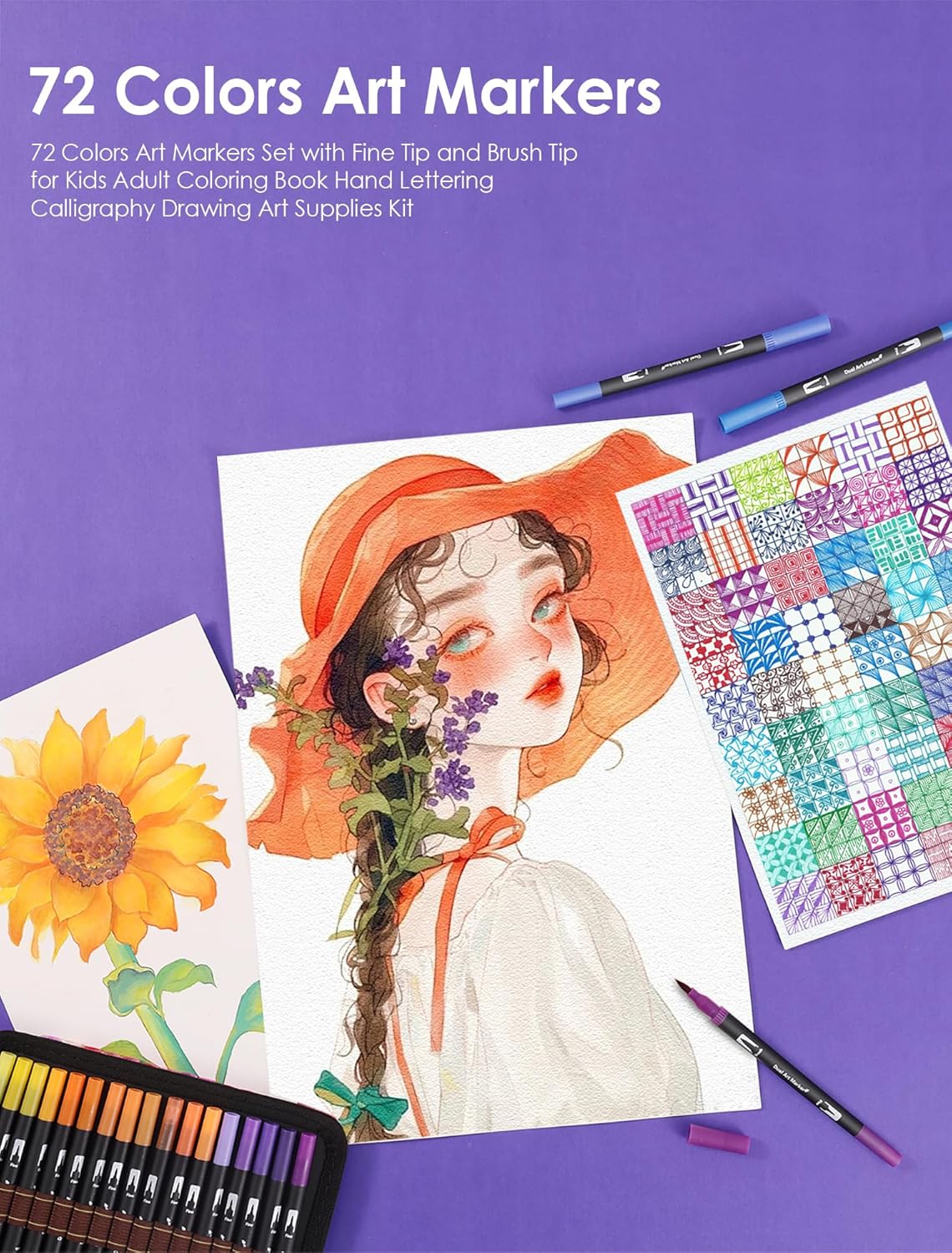 Double Brush Marker Pens, 72 Colors Art Markers Set with Fine Tip and Brush Tip for Kids Adult Coloring Book Hand Lettering Calligraphy Drawing Art Supplies Kit