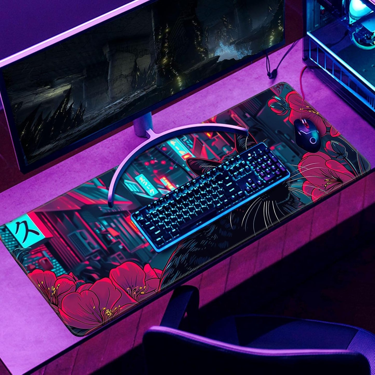 Japanese Black Cat Mouse Desk Pad Kawaii Red Anime Desk Mat Desk Decor Large Gaming Mouse Pad for Tokyo Neon Desk Mousepad Computer Office Keyboard Laptop Big Floral Mouse Pad Xl-31.5x11.8 in
