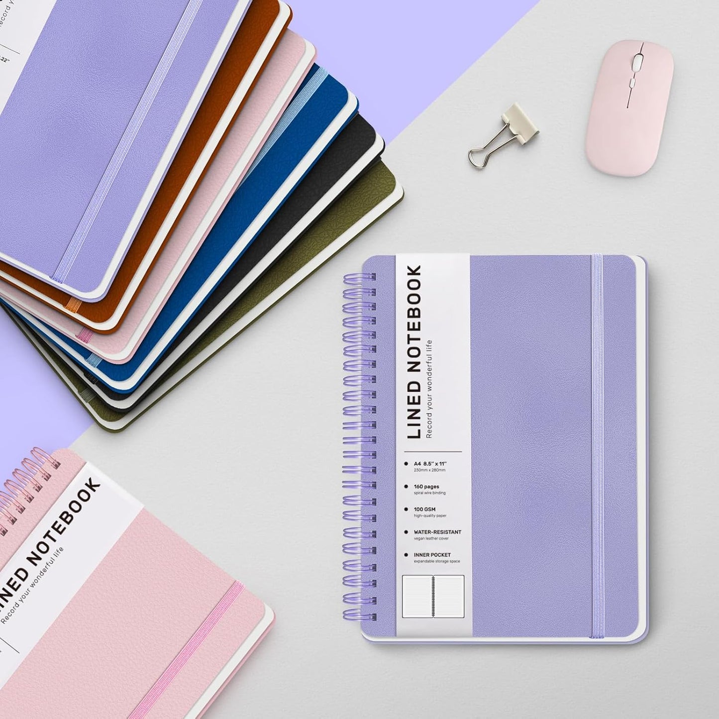 Lined Spiral Journal Notebook, A4 Hardcover Leather Notebook for Work, 8.5''×11'', 100GSM Thick Paper Spiral Bound Journaling Notebooks for Women & Men Office School Note Taking Business, Purple