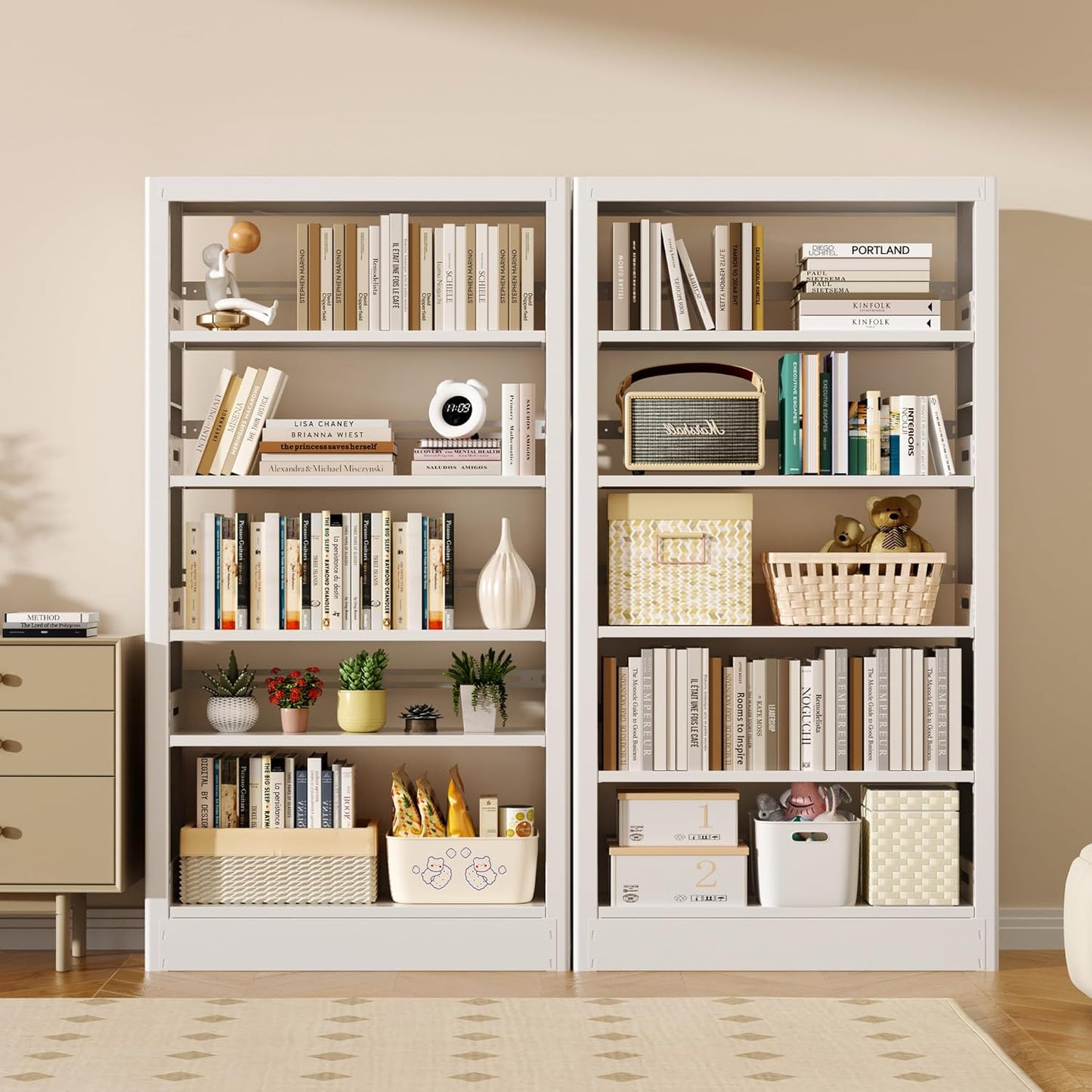 5-Tier Adjustable Bookcase, Heavy Duty Bookshelf with Book Stopper, Metal Bookcase for Library, Office, Living Room