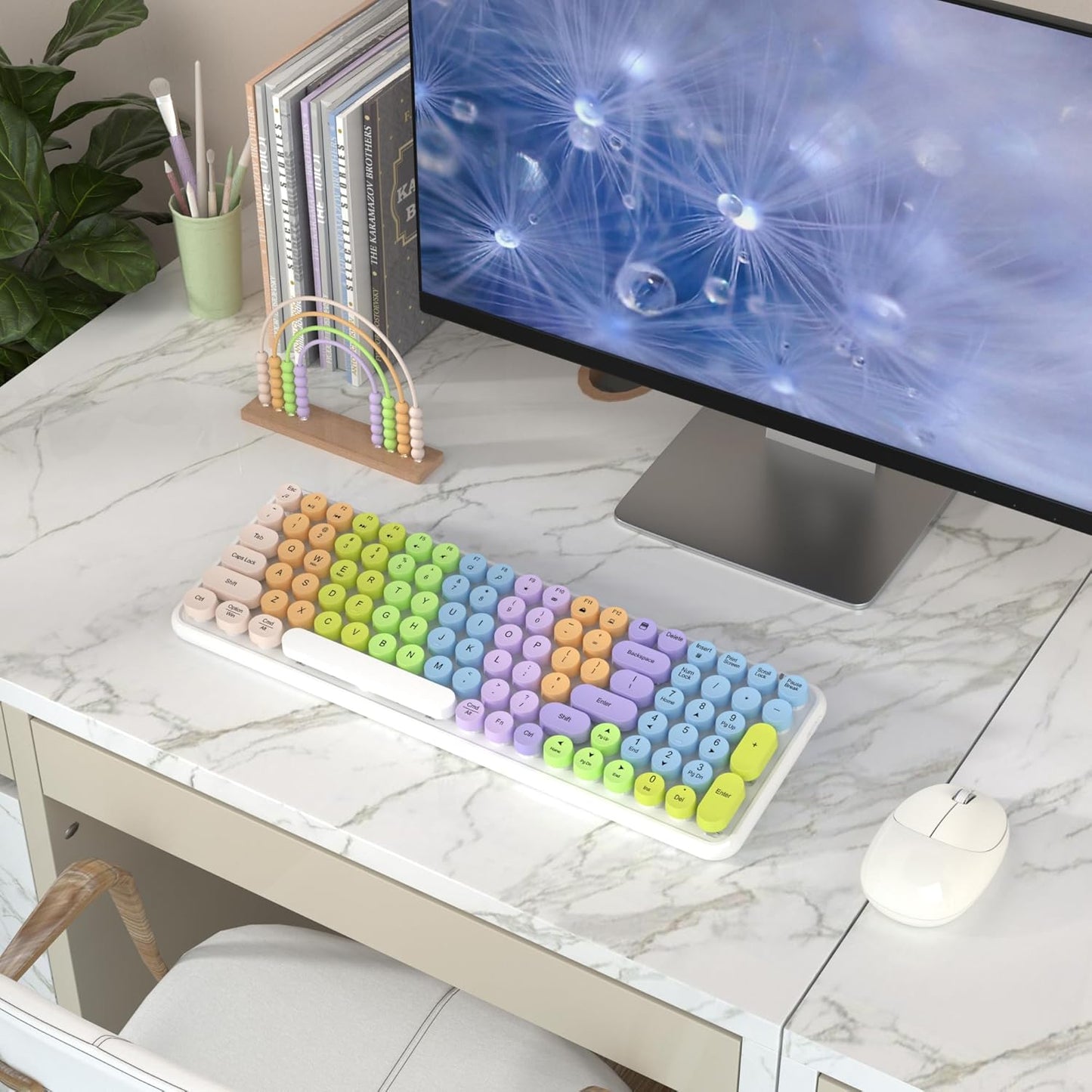 Colorful Wireless Keyboard Mouse Combo, Gradient Rainbow Colors 100 Keys and 2.4GHz Optical Mouse Connection for Windows, Mac, Laptop, PC, Desktop (White Colorful)