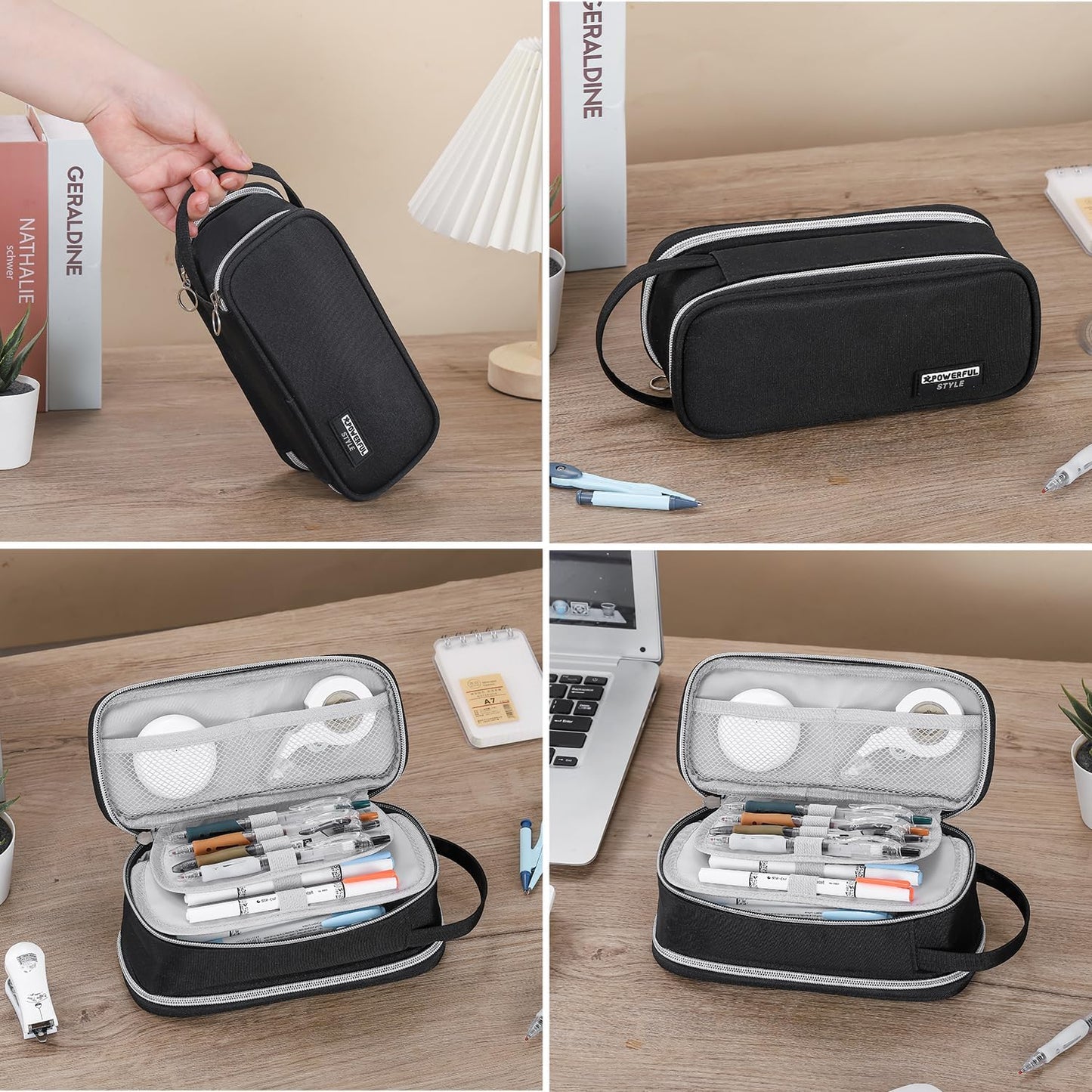 Pencil Case Large Zipper Pencil Pouch for Girls Kids Teens Adults Aesthetic Pencil Bag Stationery Organizer Pencil Case with Handle for School Black