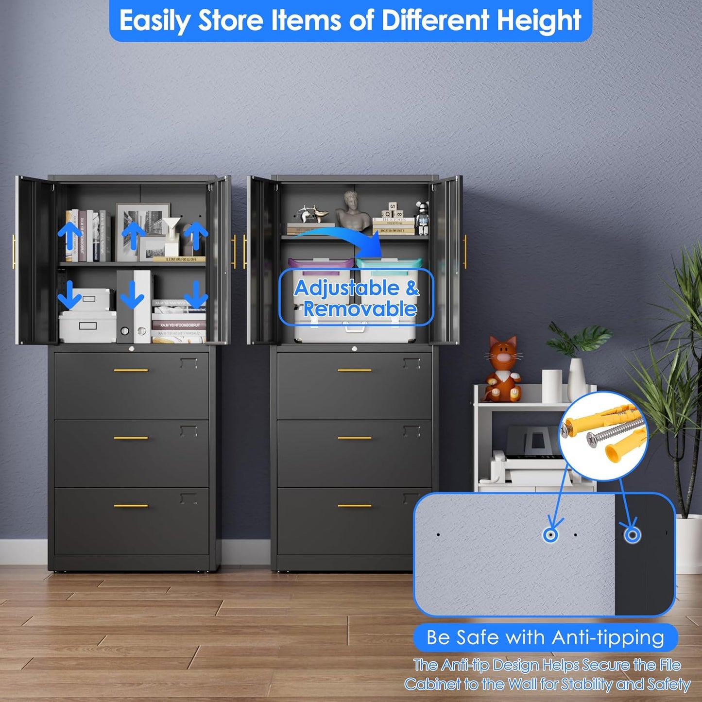 3 Drawer Lateral File Cabinet with Lock, Metal Filing Storage Cabinet with Locking Doors and Adjustable Shelf for Home, Office, School, Fits A4/Letter/Legal Size Folders, Assembly Required