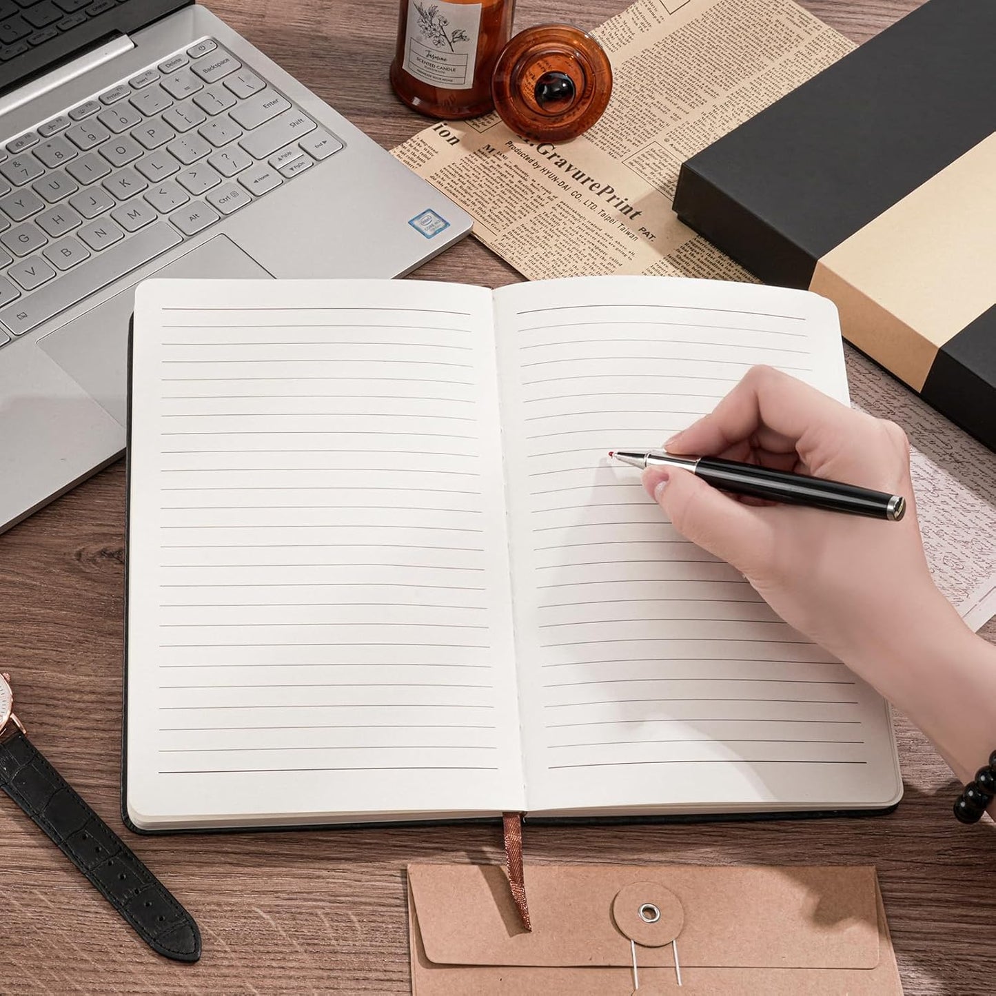 Lined Notebook Journal for Women Men 320 Pages A5 Hardcover Leather with Pen Holder College Ruled Journals for Work Note Taking Travel School Navy Blue