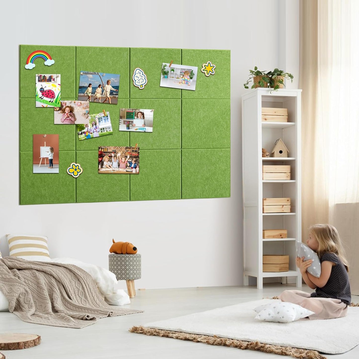 Large Cork Board for Walls 48" x 36" - Green Bulletin Board - 12 Pack Felt Wall Tiles with Safe Removable Adhesive Tabs - Corkboard for Office School Home Decor - Sage Green