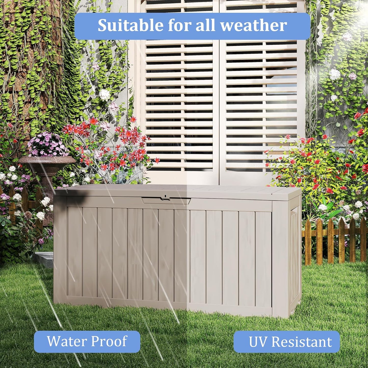 90 Gallon Lockable Resin Deck Box with Wheels, Waterproof & UV-Resistant Outdoor Storage Box for Outdoor Cushion Storage, Garden Tools & Pool Accessories Storage, Gray