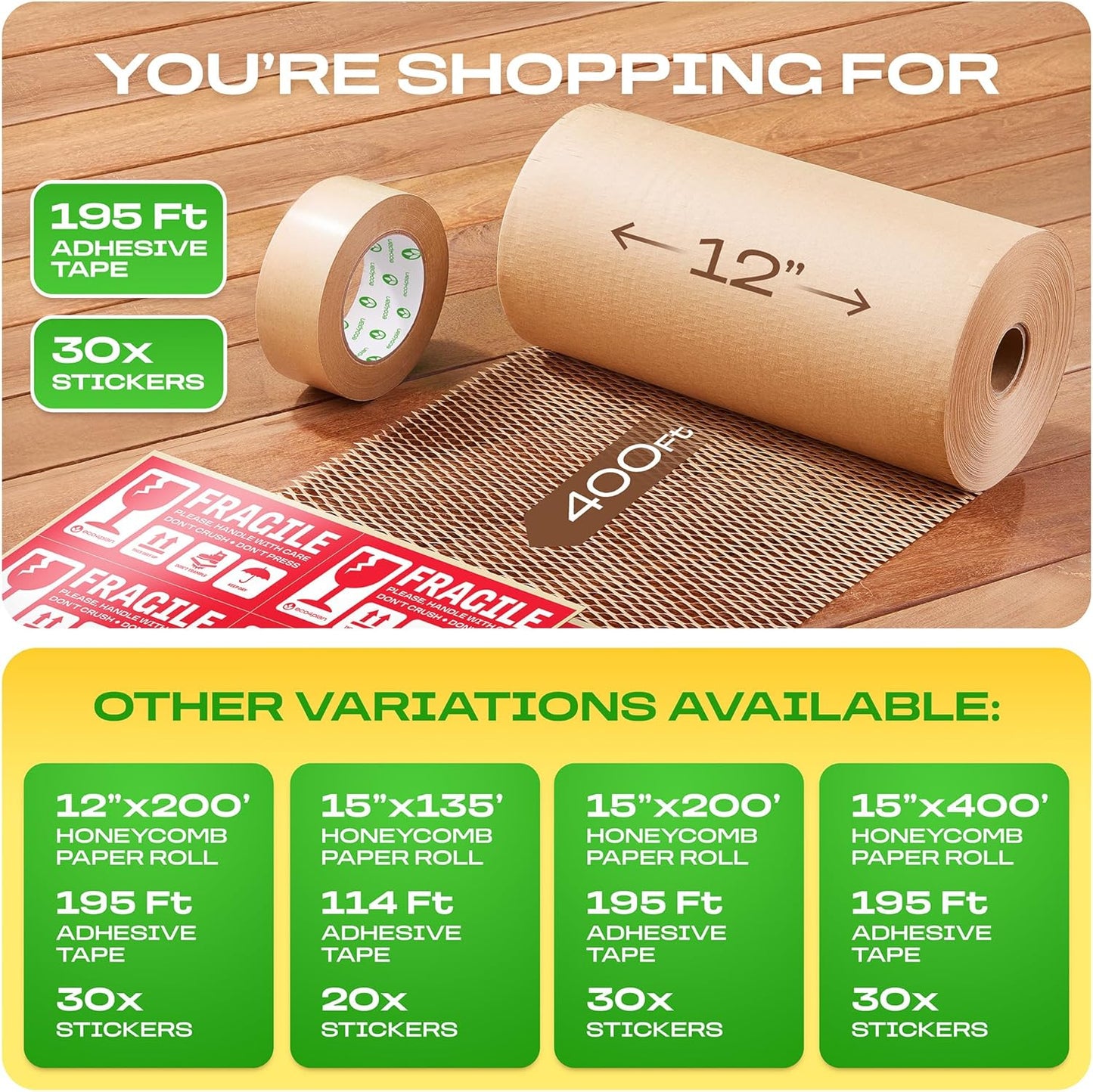 Honeycomb Packing Paper | Extra Thick 90 GSM Packing Wrap | Biodegradable Packing Materials: 12” x 400’ Moving Paper + 195’ Cellulose Adhesive Tape + 30 Fragile Stickers | Paper Bubble Wrap