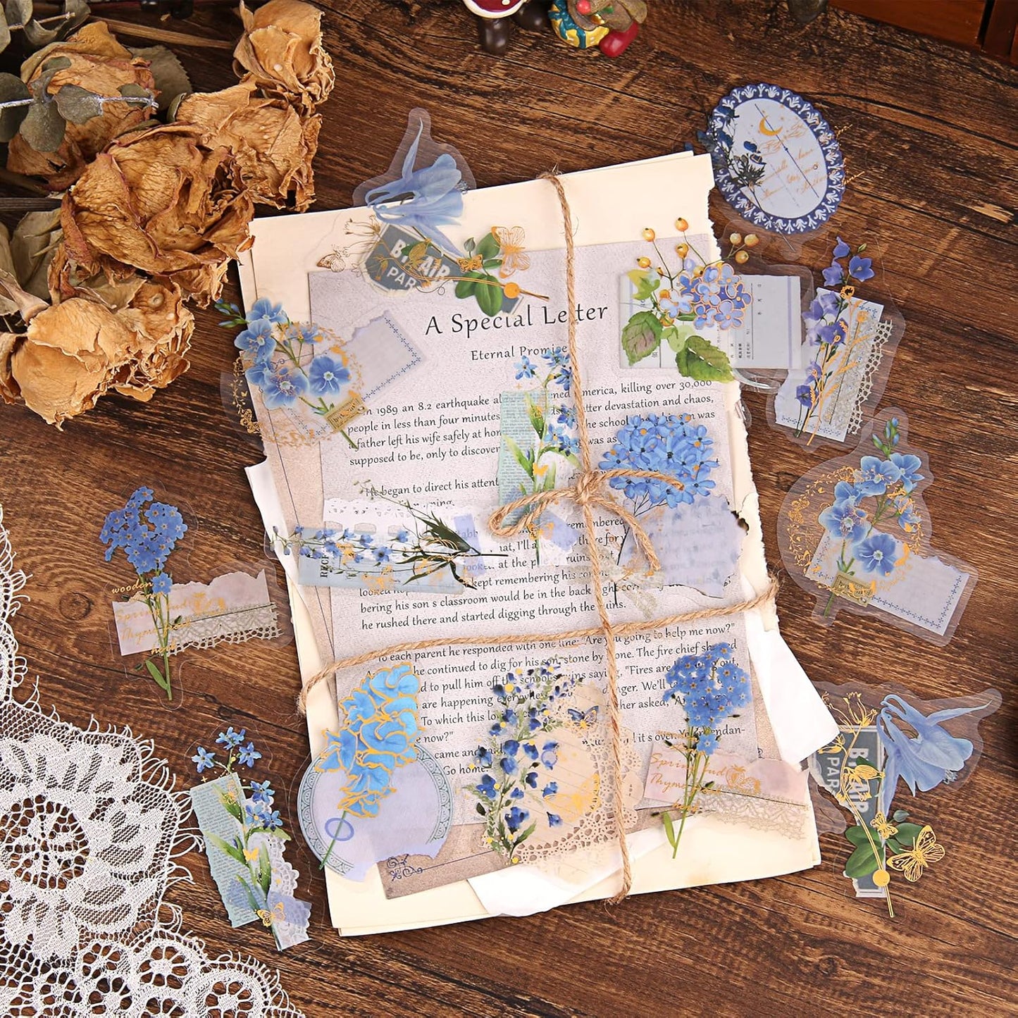 Dizdkizd Die Cut Gold Foil Floral Stickers (180 Pieces), Transparent Aesthetics Sticker Set Vintage Flower Decals for Scrapbooking Card Making Journaling Paper Crafting