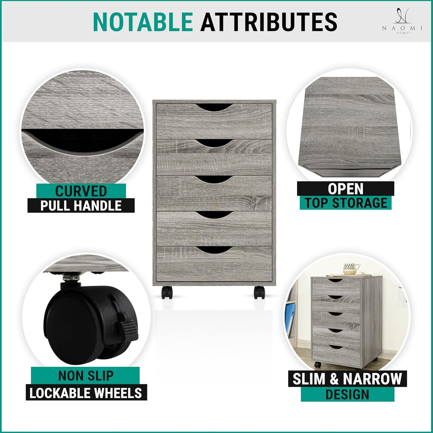 Naomi Home 5 Drawer Office Storage File Cabinet, Under Desk Cabinets for Organization Filing Cabinet with Wheels, Printer Stand Storage, 180 lbs Capacity - Gray Oak 11394AM