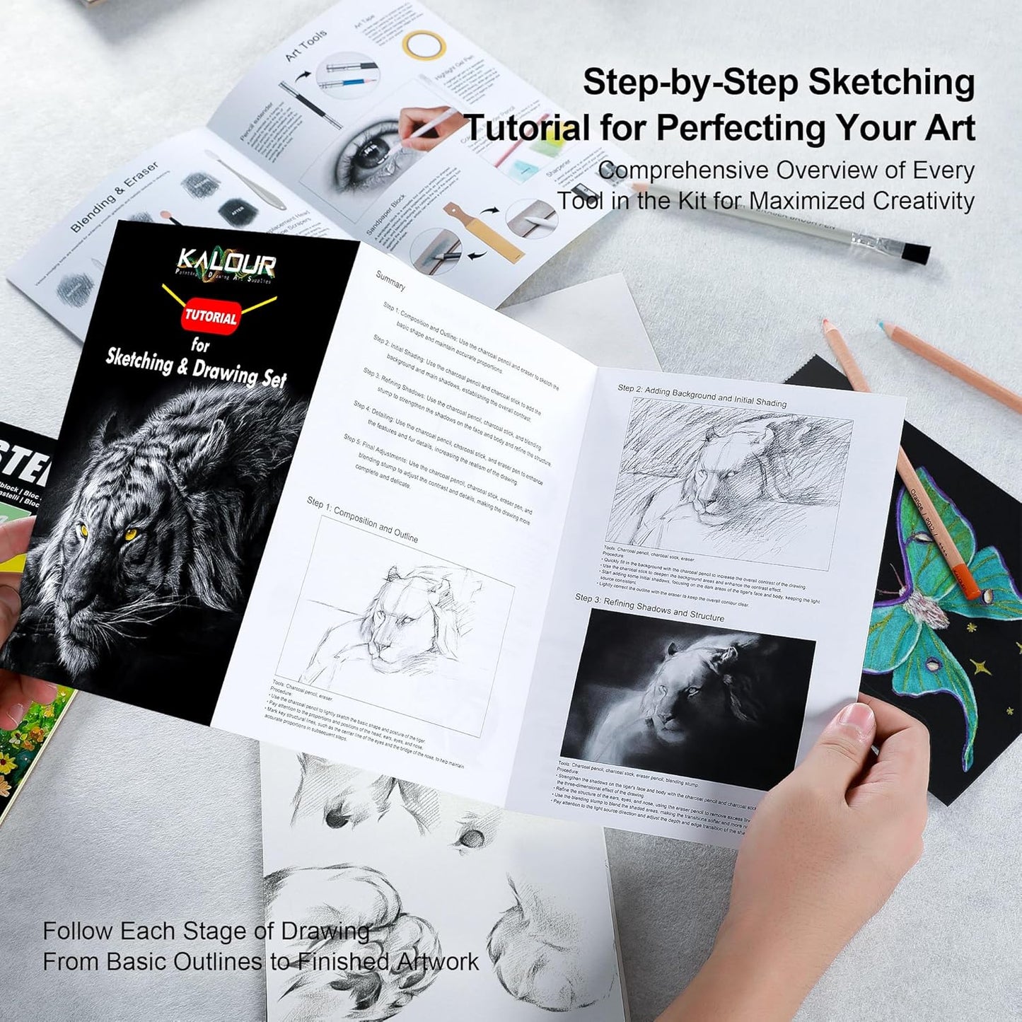 KALOUR 95-Piece Sketching and Drawing Art Set with 3-color Sketch Book and Pastel Paper – Graphite, Charcoal, and Pastel Pencils – Complete Artist Kit for Beginners and Professionals