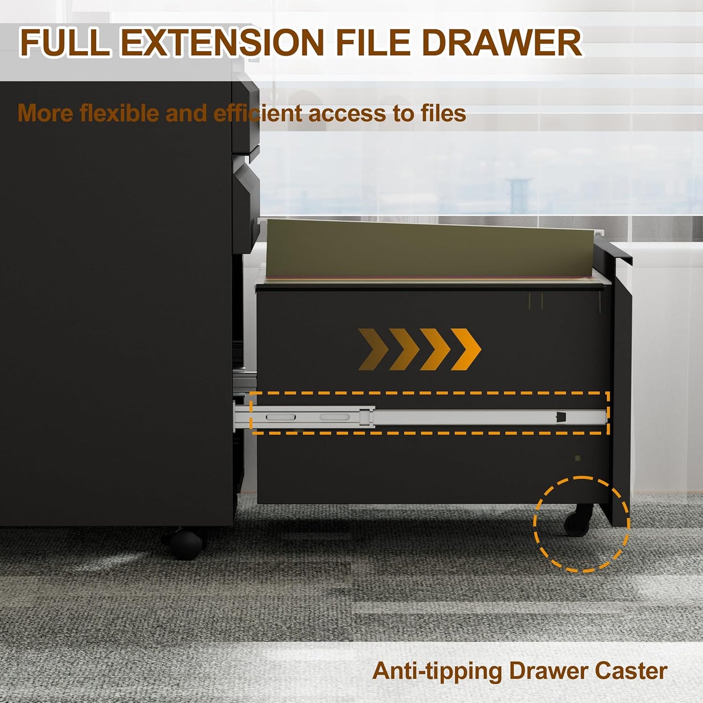 Metal Mobile File Cabinet with Lock and 4 Keys - Fully Assembled, Under Office Desk 3 Drawers Filing Cabinet for Home Office with Anti-tilt Wheels, A4/Legal/Letter Hanging File Drawers