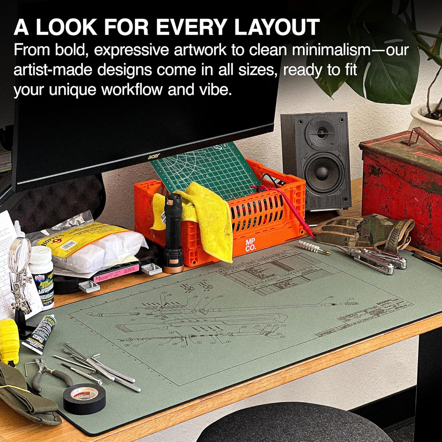 MPCO. Blueprints Large Gaming Desk Pad - 36" x 17" Aeroglyde Fabric Browning 50 Cal – Green Desk Mats - Non-Slip, Washable, Smooth Glide for Precision Gaming & Work