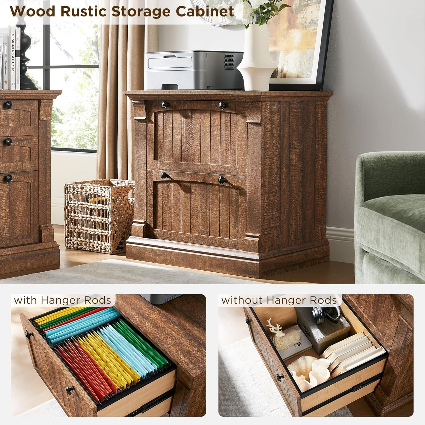 OKD Farmhouse File Cabinet with 2 Drawers, 30" Lateral Filing Cabinet with Hanging File Folders, Interlocking Drawers, Wood Rustic Storage Cabinet for Home Office,Brown