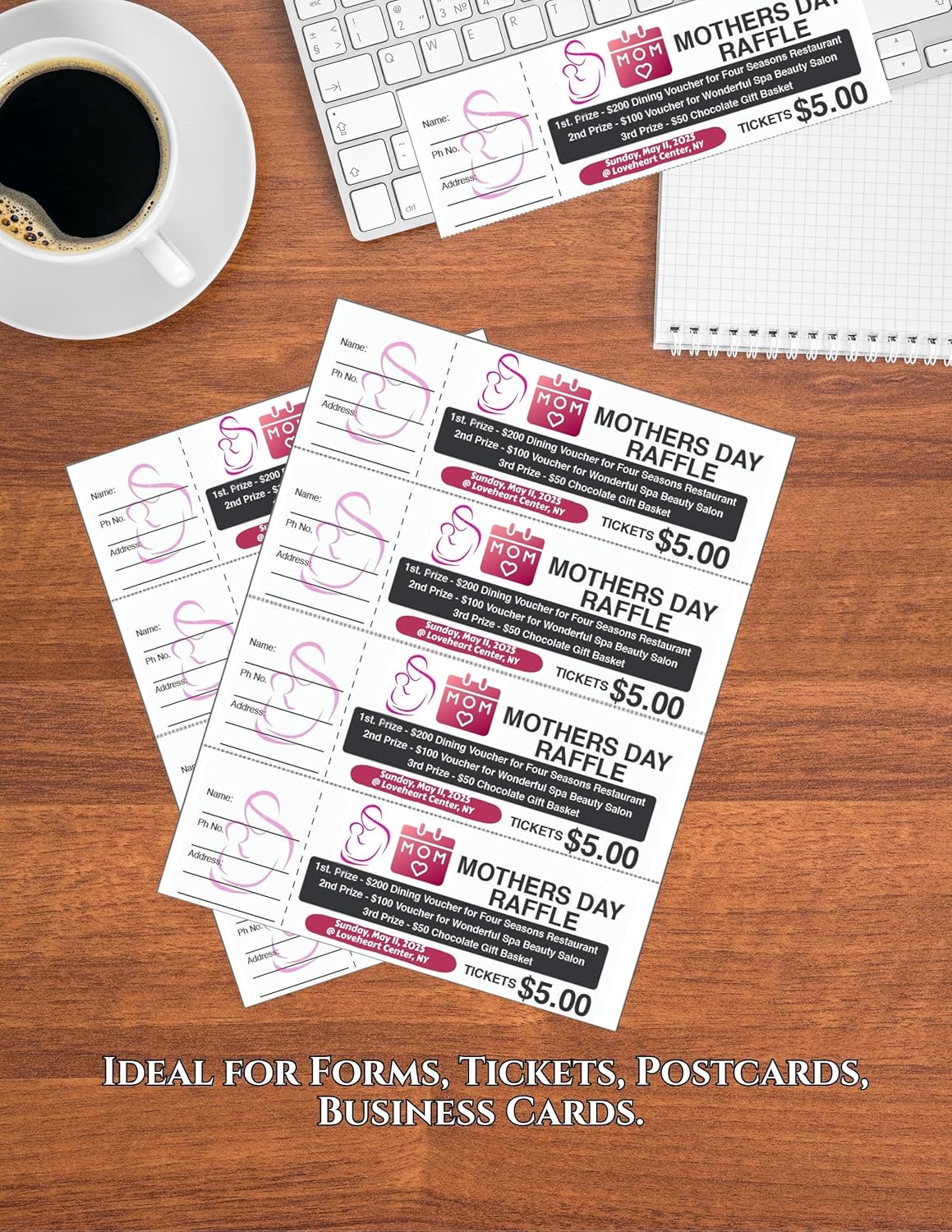 Limited Papers (TM) 8.5x11 Perforated Paper, 20/50 Pound, 75 GSM, Variety of Perforation Sizes and Colors, for Forms, Tickets, Postcards, Business Cards. (Pink, 4 up - horizontal every 2.75")