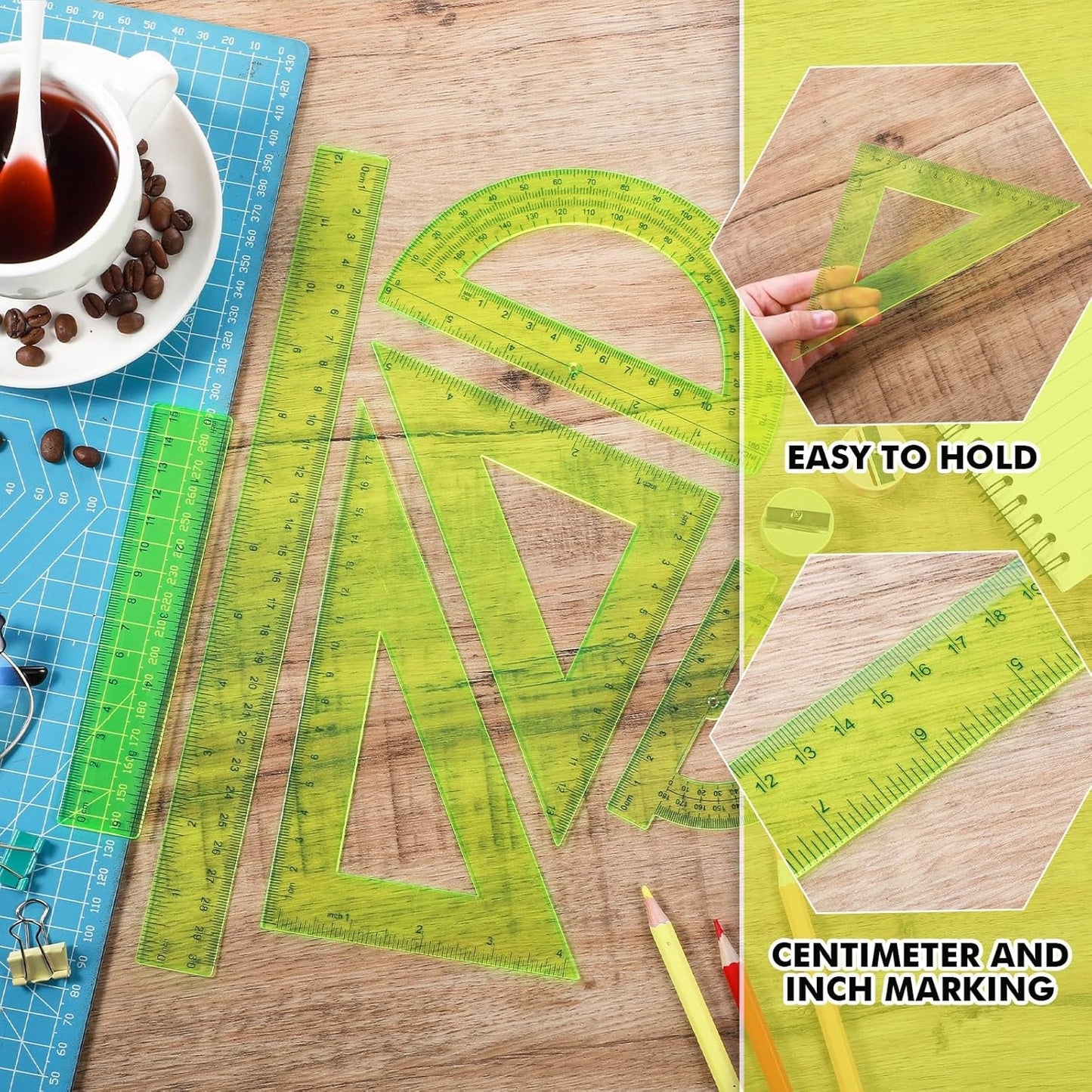 Tenare 6 Pcs Plastic Ruler Math Set Includes 12 Inch 6 Inch Straight Protractor Triangle Geometry Transparent Math Ruler Measuring Tools for School Office Home(Yellow)