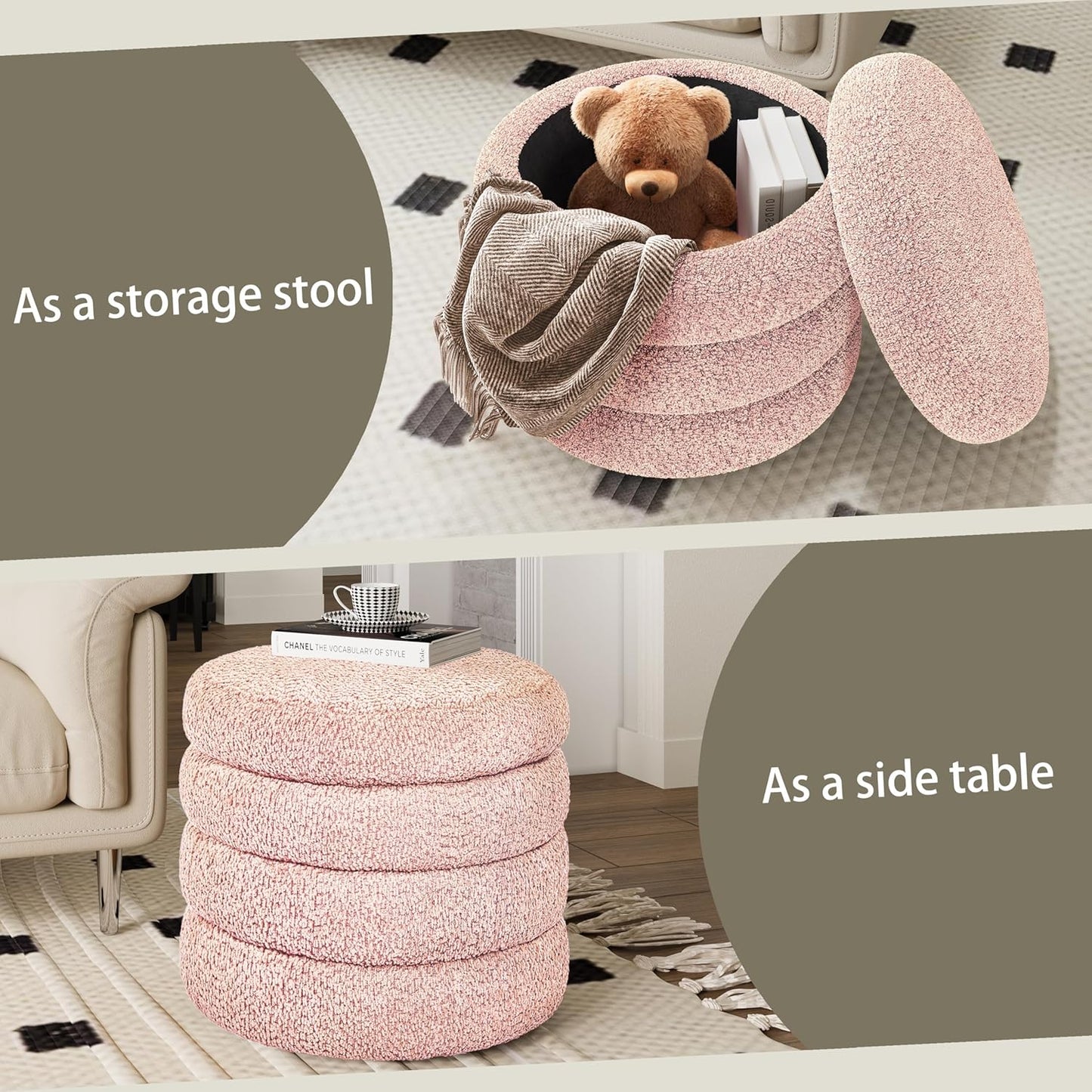 Storage Ottoman, Round Ottoman with Storage, Vanity Stool Foot Rest with Removable Lid, Round Boucle Upholstered for Living Room Pouf Footstool (Pink)