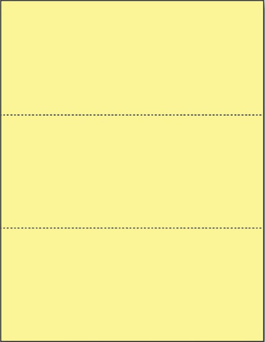 Limited Papers (TM) 8.5x11 Perforated Paper, 20/50 Pound, 75 GSM, Variety of Perforation Sizes and Colors, for Forms, Tickets, Postcards. (Canary, 3 up - horizontal 3 2/3" and 7 1/3" from bottom)