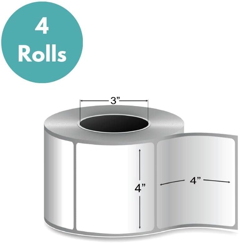 PSBM Thermal Transfer Labels, 4x4 Inch, 4 Rolls, 1475 Labels/Roll, 3 Inch Core, Perforated, Must Have Thermal Ribbon (Not Included)